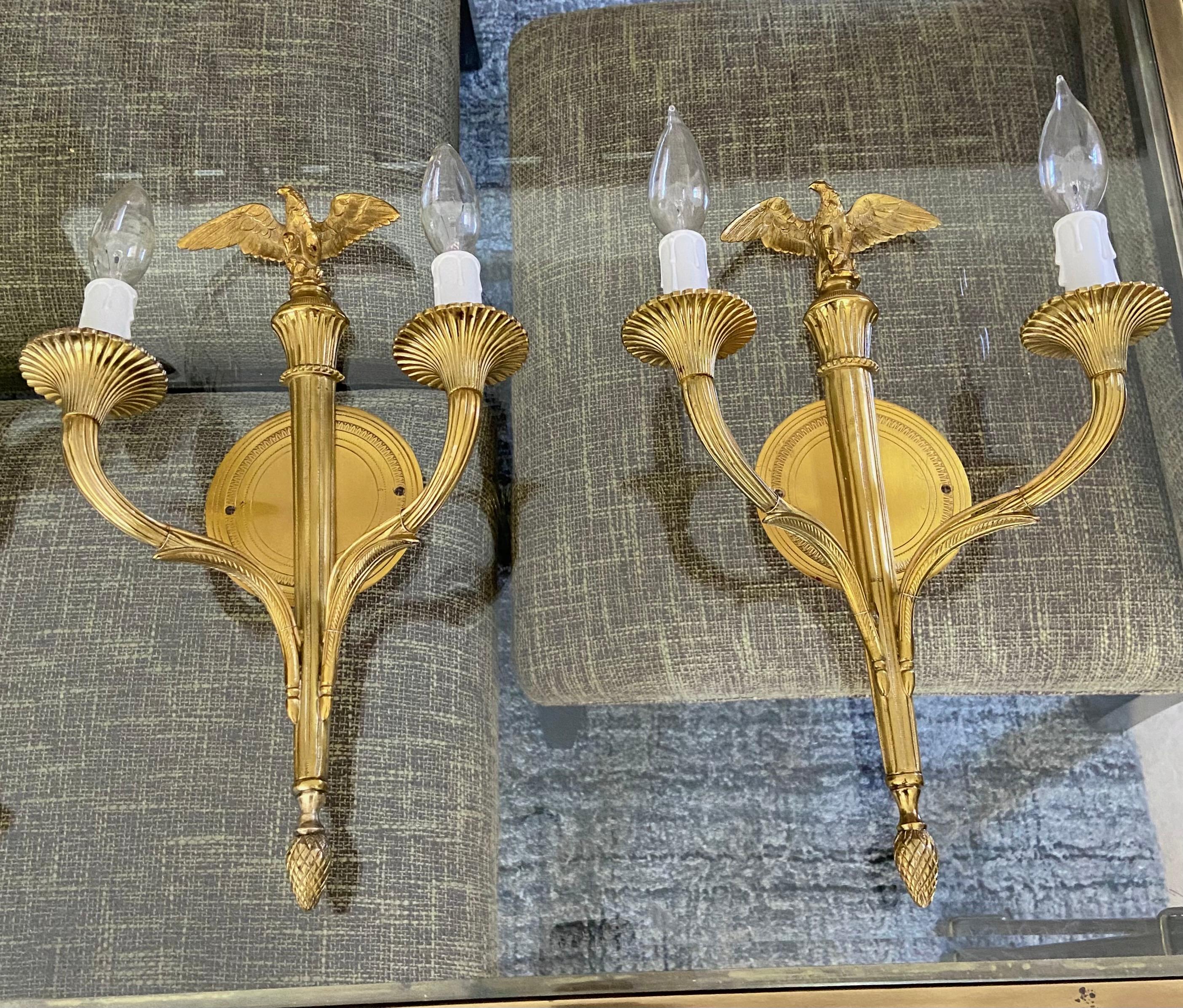 Pair French Gilt Bronze Eagle Wall Sconces For Sale 3