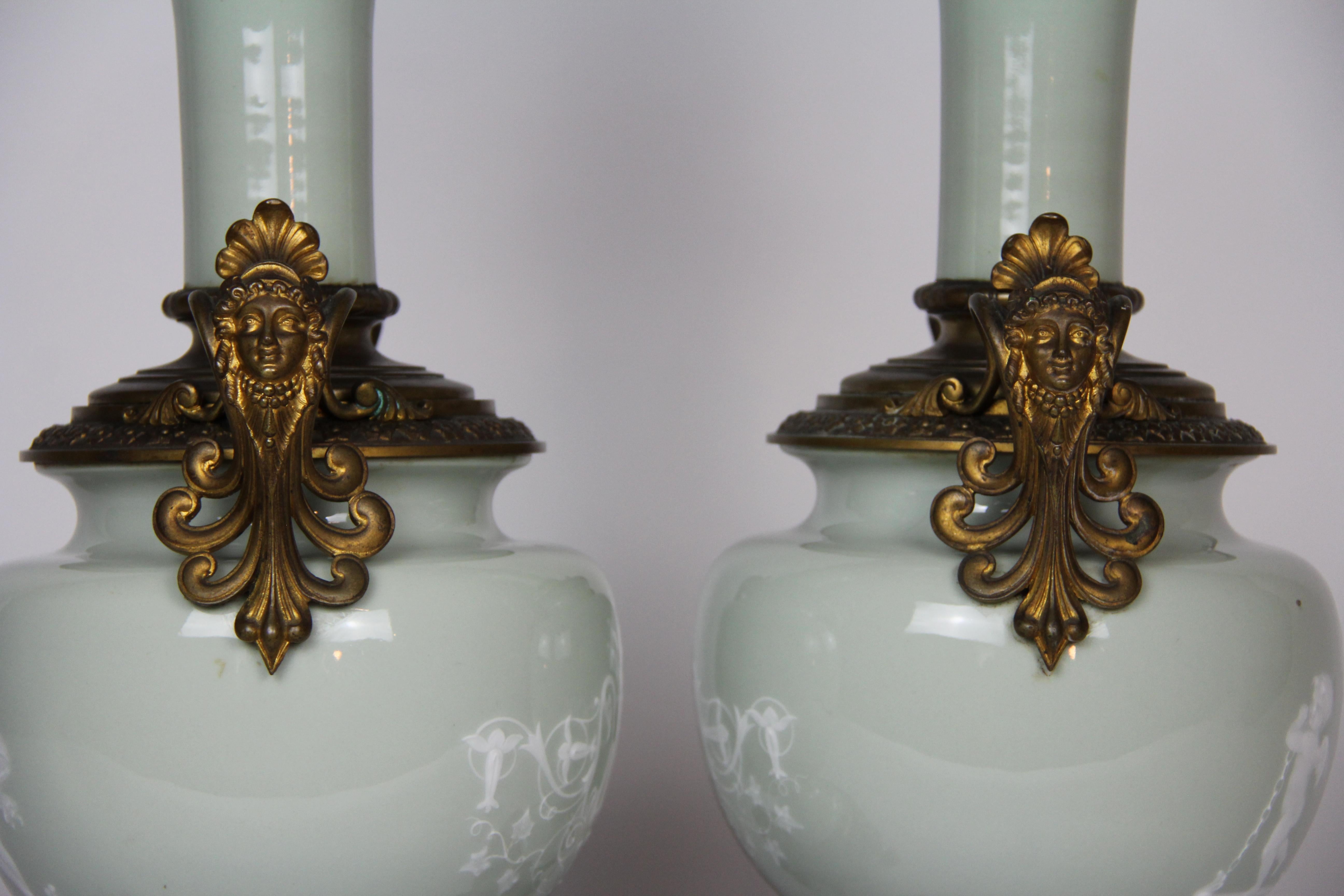 French Gilt Bronze Mounted Double-Sided Pate Sur Pate Celadon Ground Lamps, Pair For Sale 5