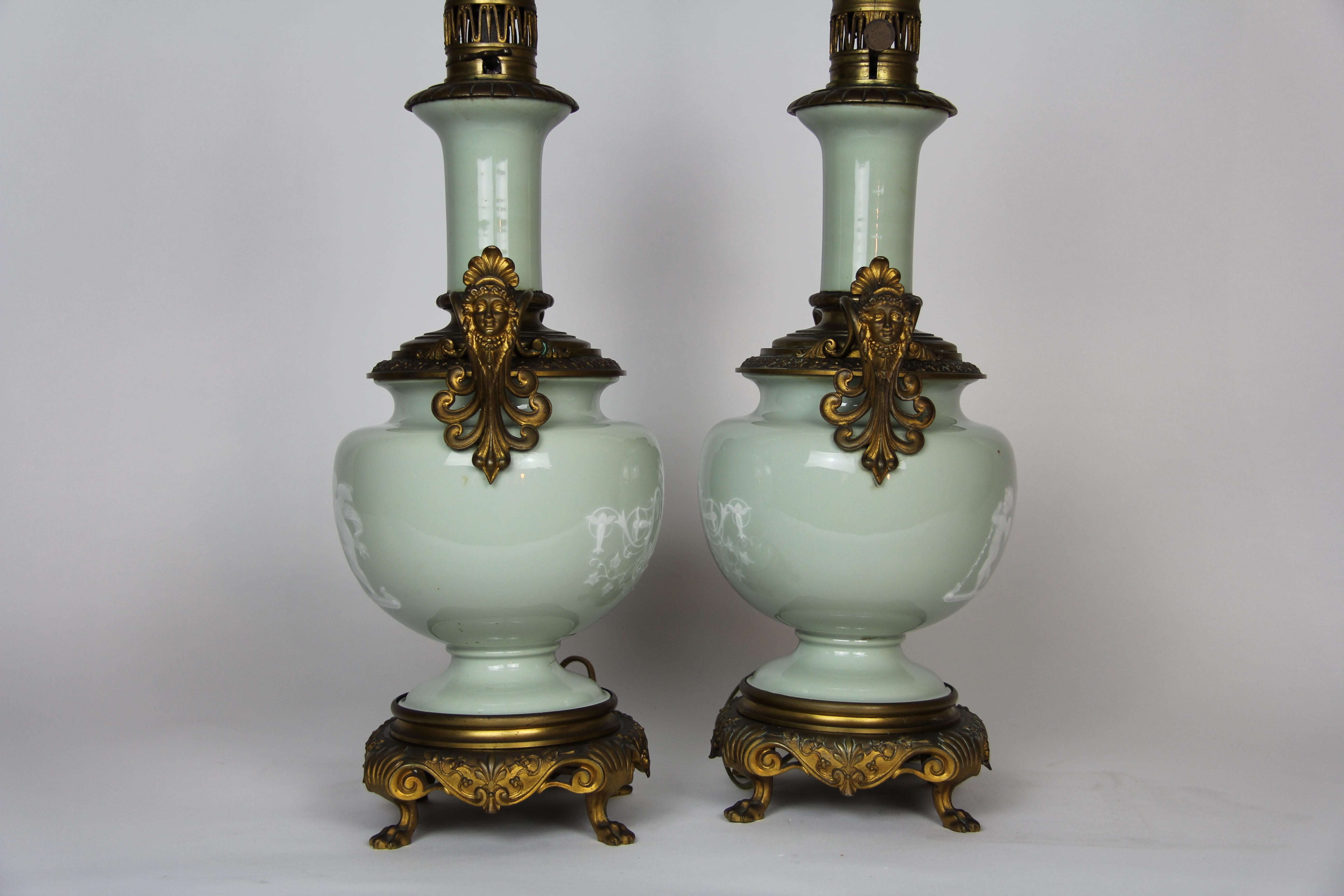 French Gilt Bronze Mounted Double-Sided Pate Sur Pate Celadon Ground Lamps, Pair For Sale 6