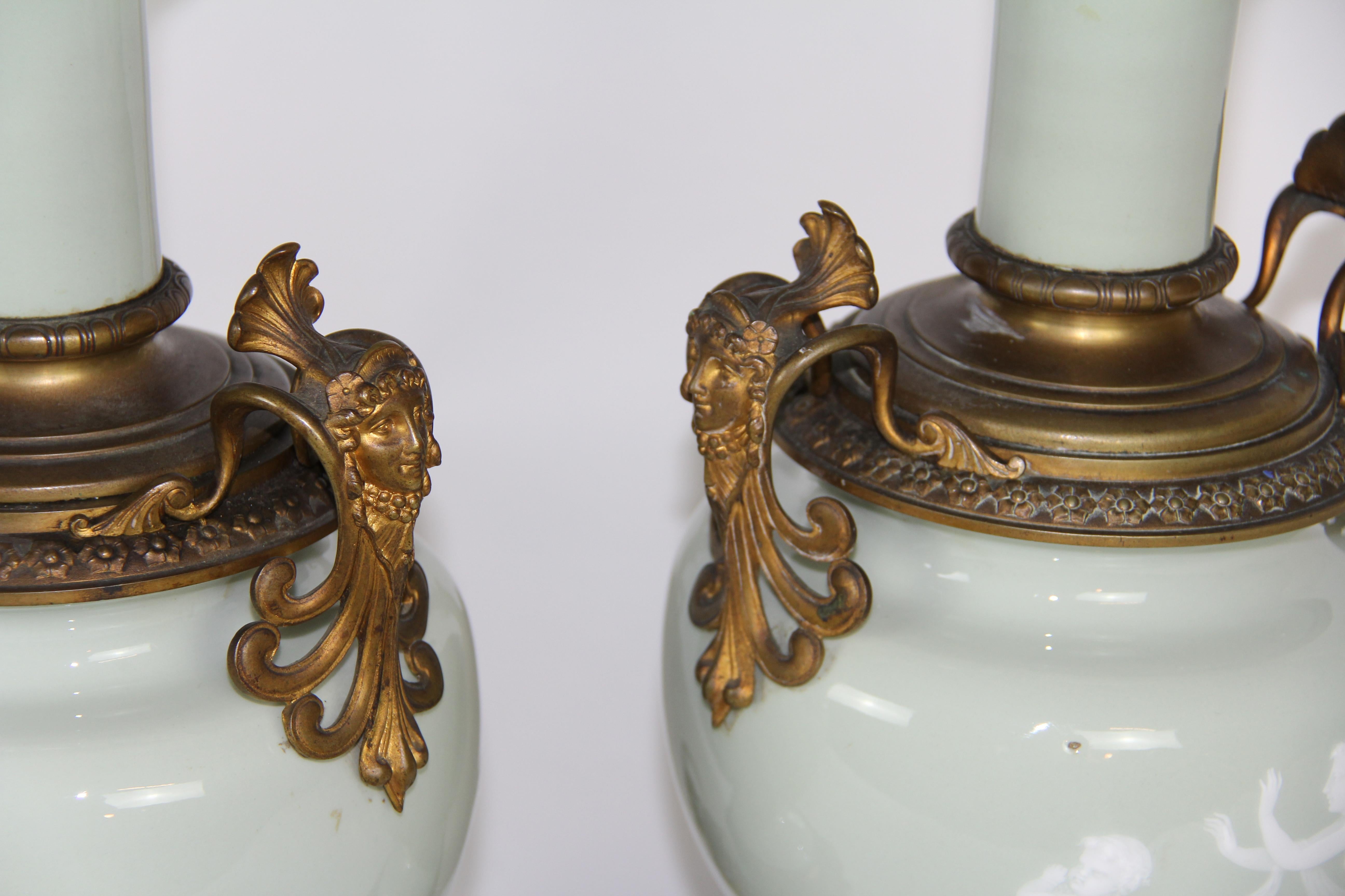 French Gilt Bronze Mounted Double-Sided Pate Sur Pate Celadon Ground Lamps, Pair For Sale 7