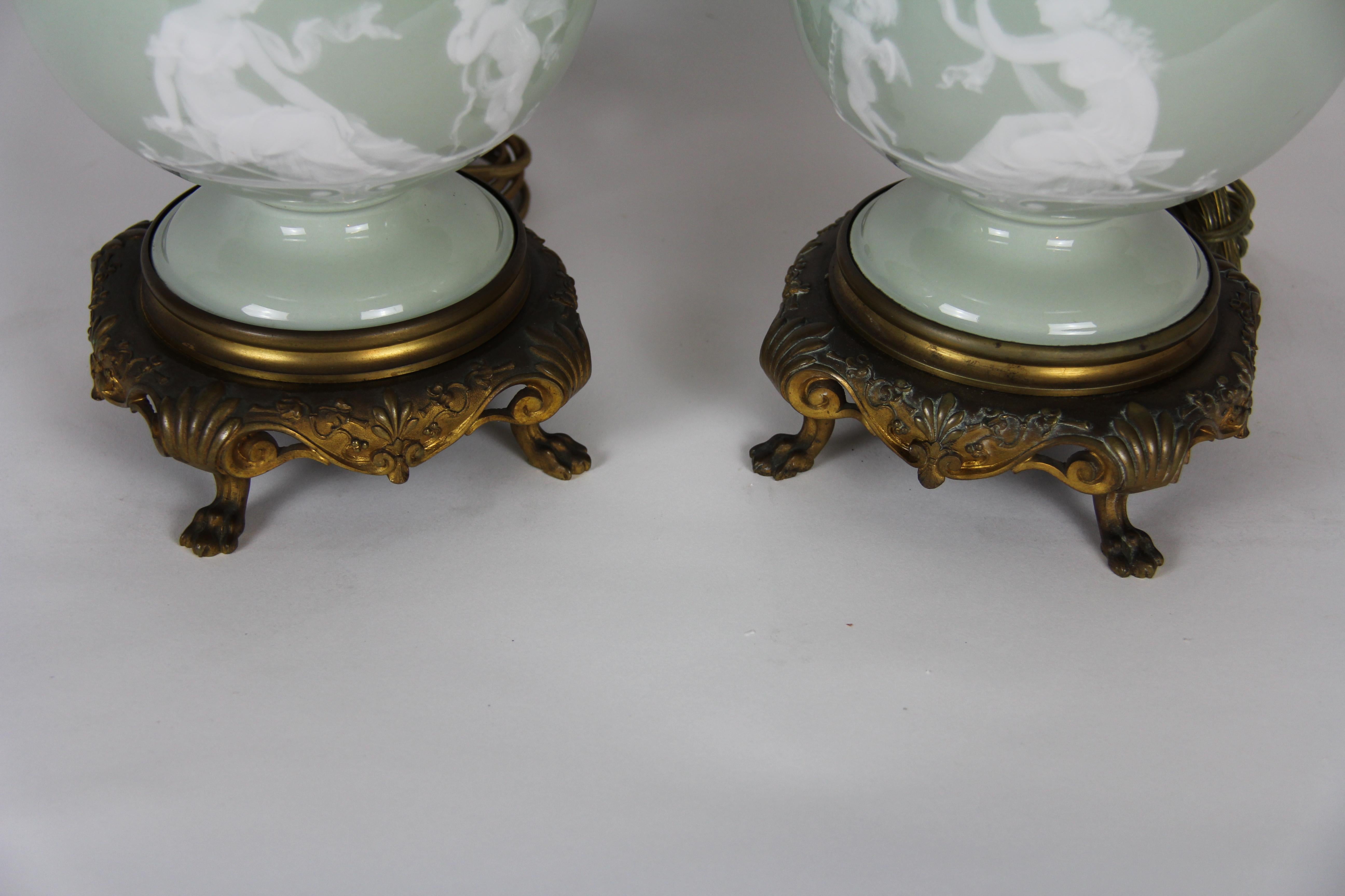 French Gilt Bronze Mounted Double-Sided Pate Sur Pate Celadon Ground Lamps, Pair For Sale 8