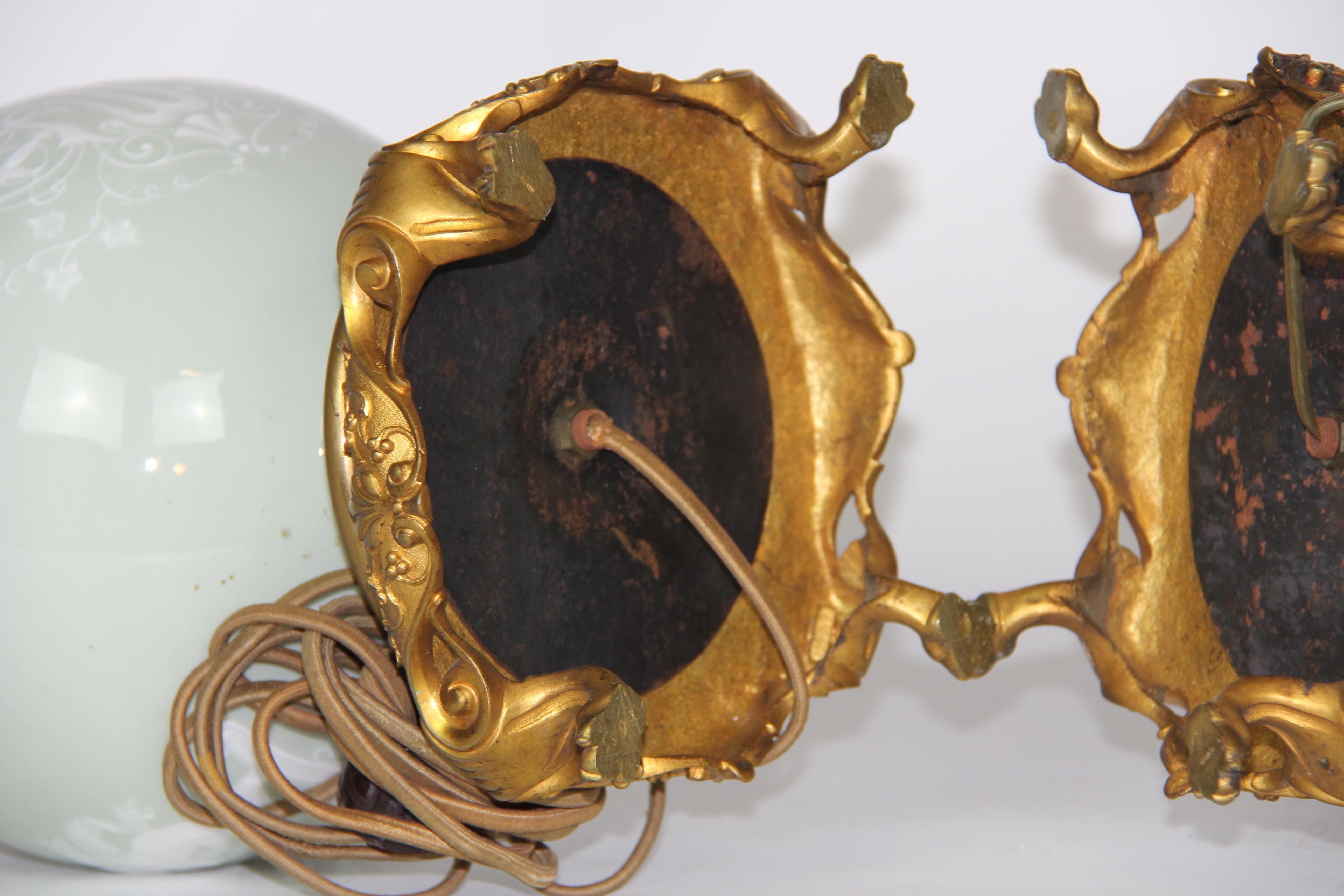 French Gilt Bronze Mounted Double-Sided Pate Sur Pate Celadon Ground Lamps, Pair For Sale 9