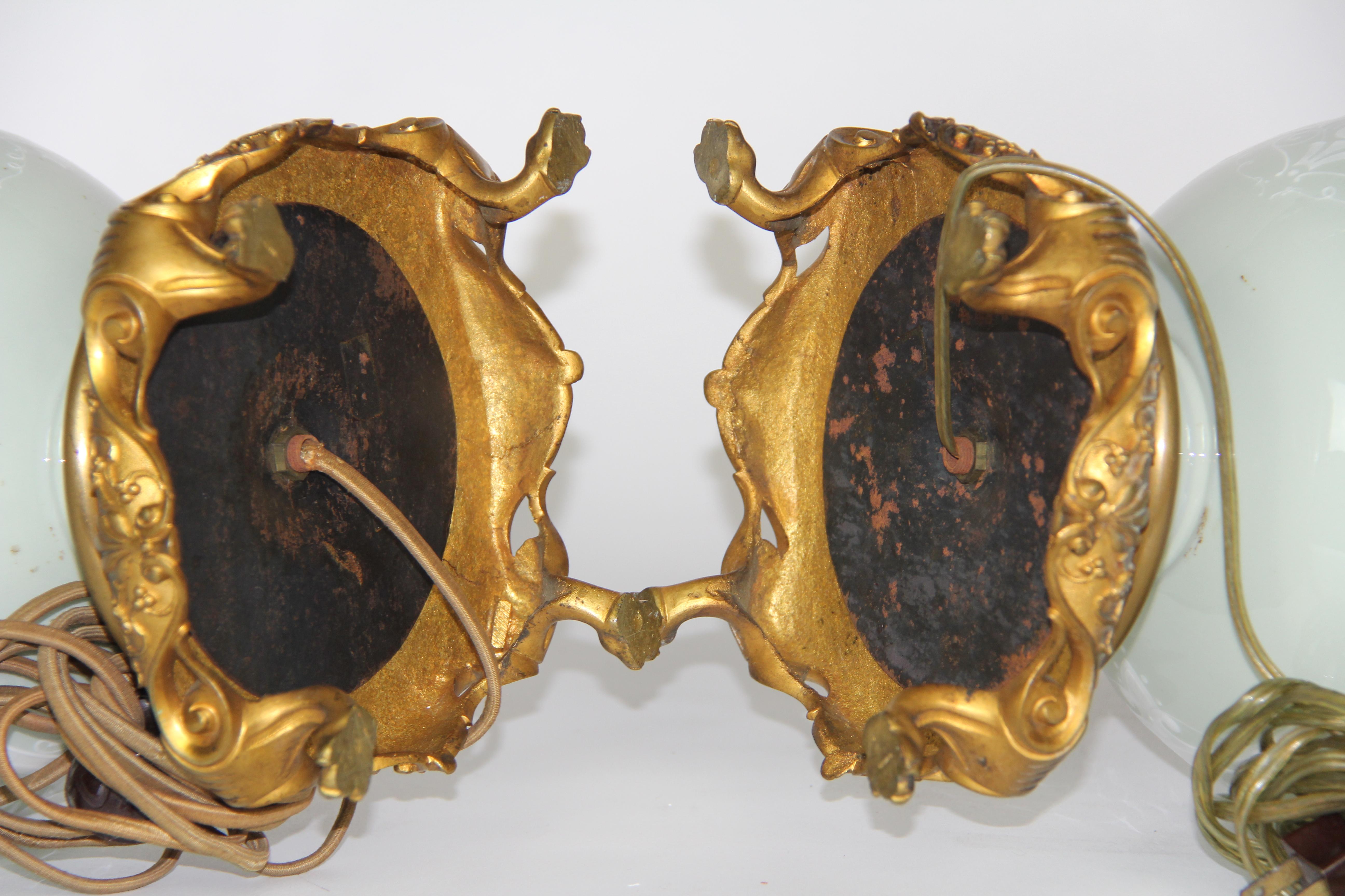 French Gilt Bronze Mounted Double-Sided Pate Sur Pate Celadon Ground Lamps, Pair For Sale 10