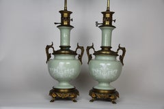 French Gilt Bronze Mounted Double-Sided Pate Sur Pate Celadon Ground Lamps, Pair