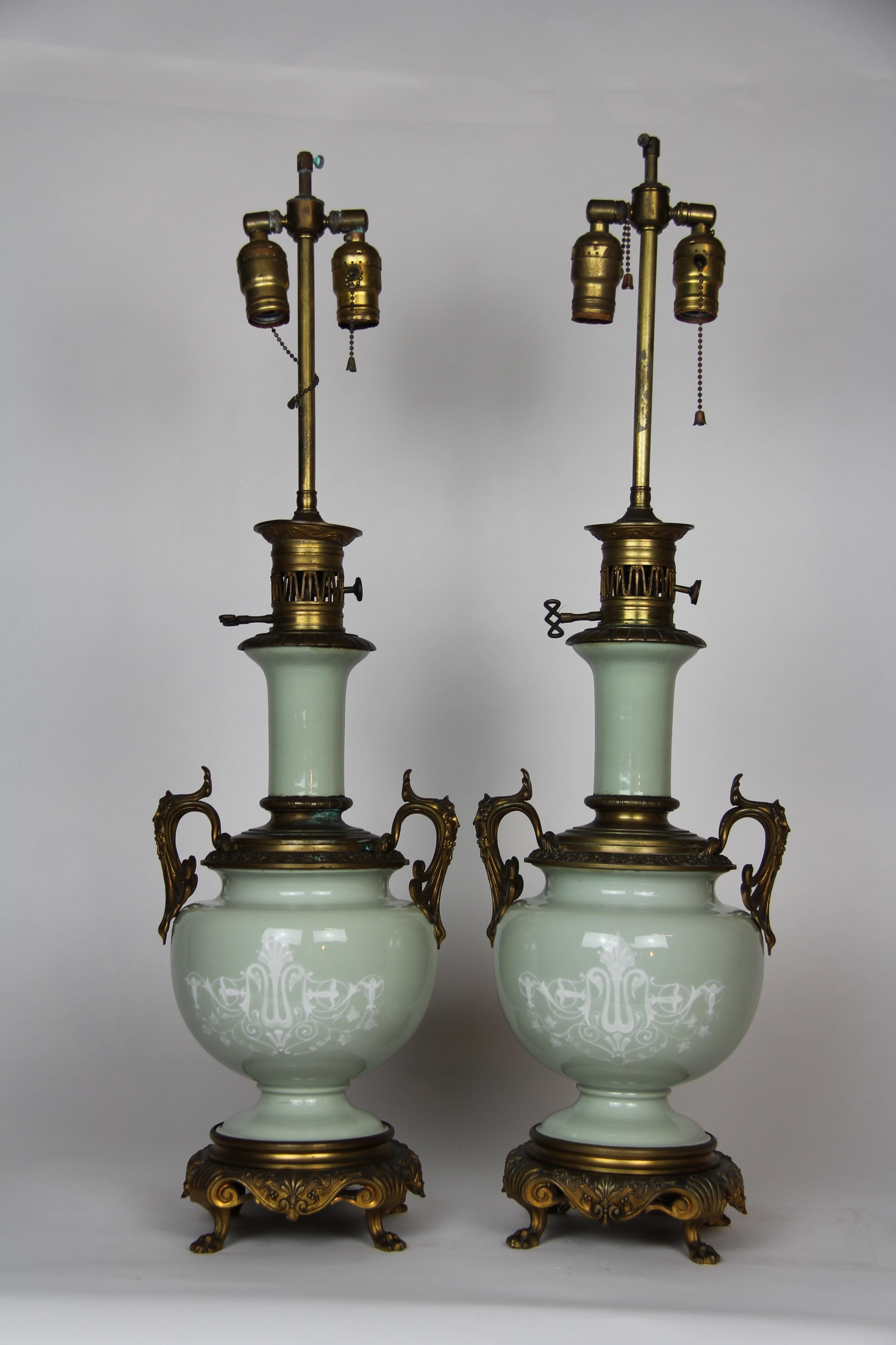 Louis XVI French Gilt Bronze Mounted Double-Sided Pate Sur Pate Celadon Ground Lamps, Pair For Sale