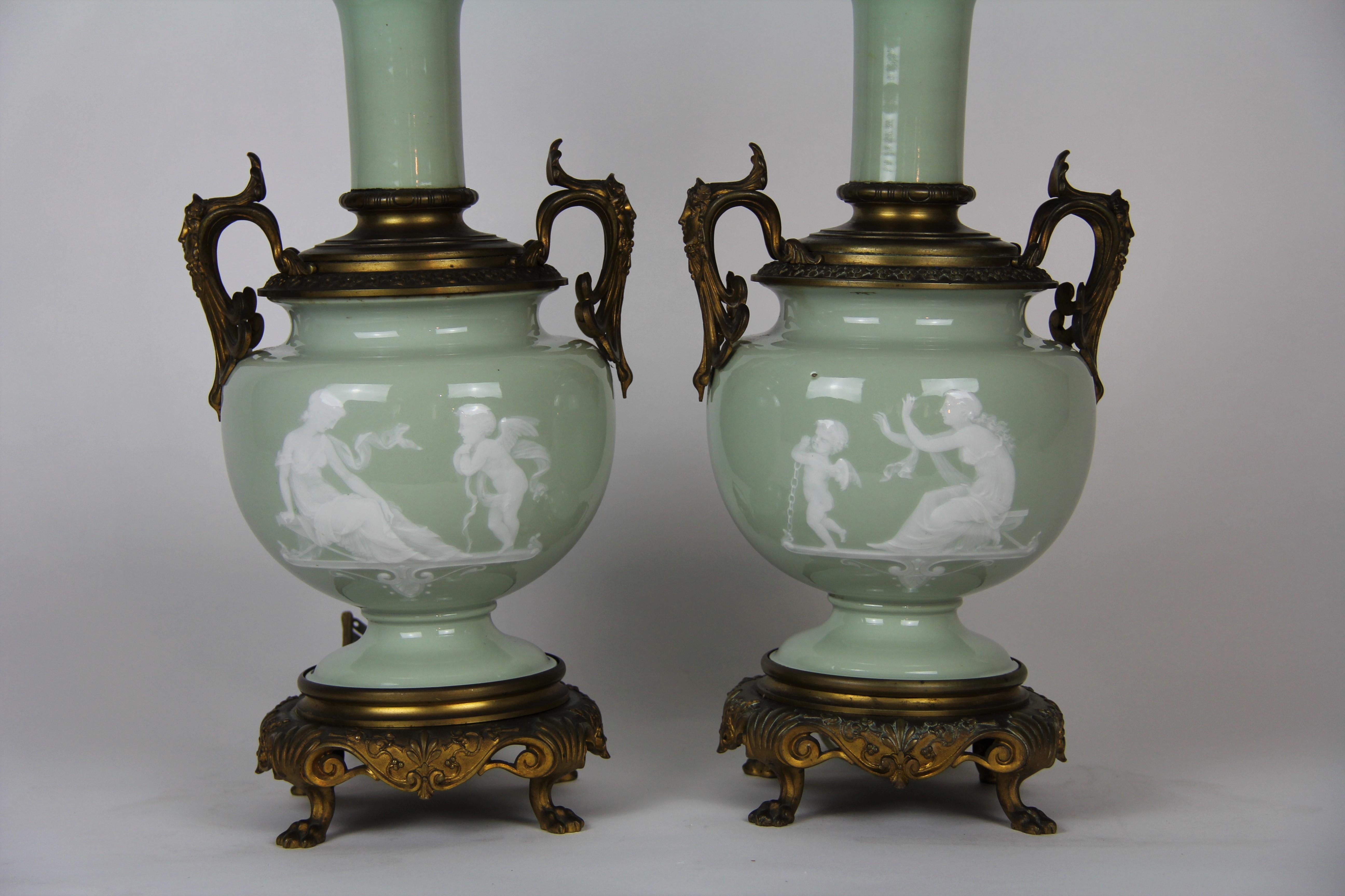 Hand-Painted French Gilt Bronze Mounted Double-Sided Pate Sur Pate Celadon Ground Lamps, Pair For Sale