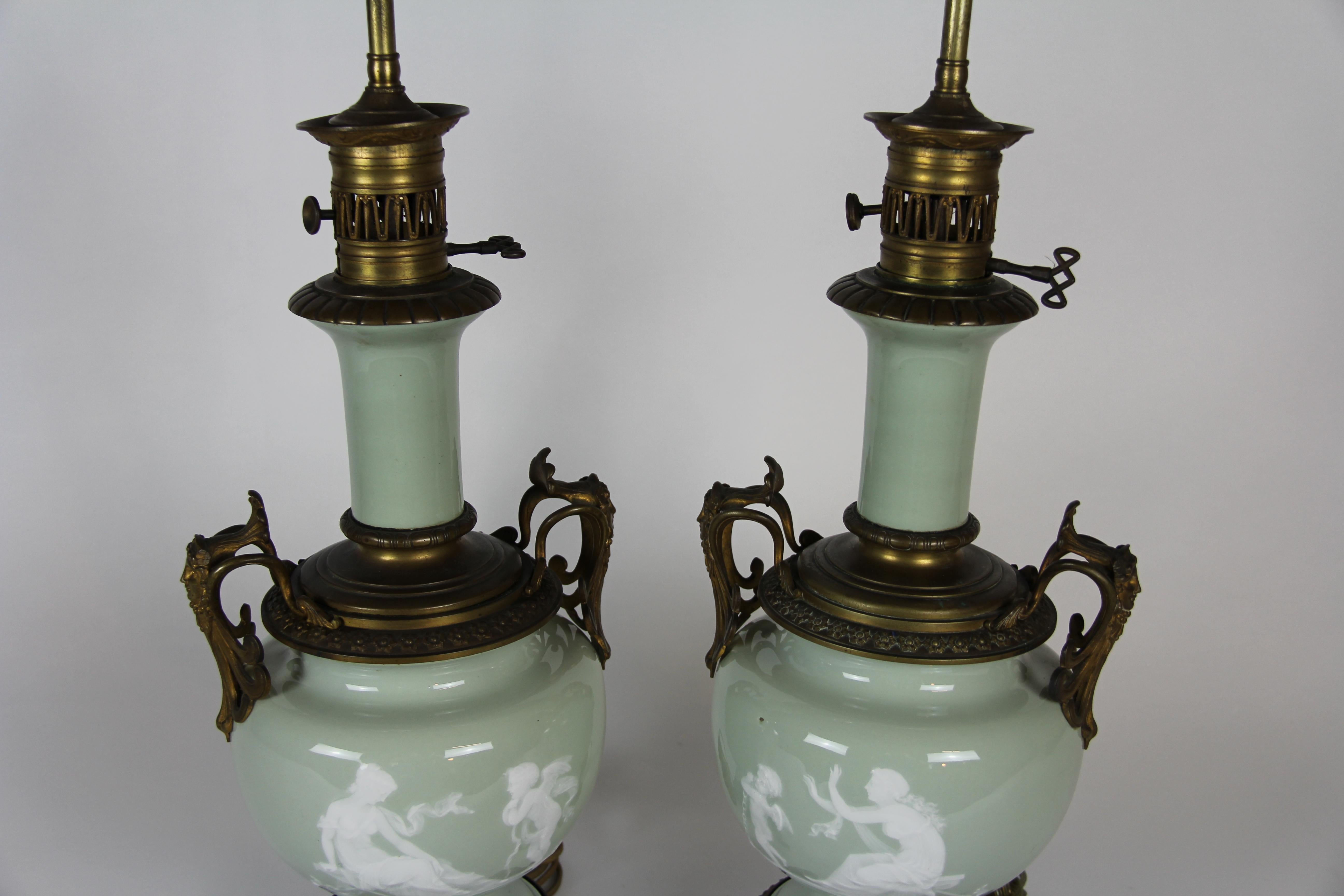 French Gilt Bronze Mounted Double-Sided Pate Sur Pate Celadon Ground Lamps, Pair In Good Condition For Sale In New York, NY