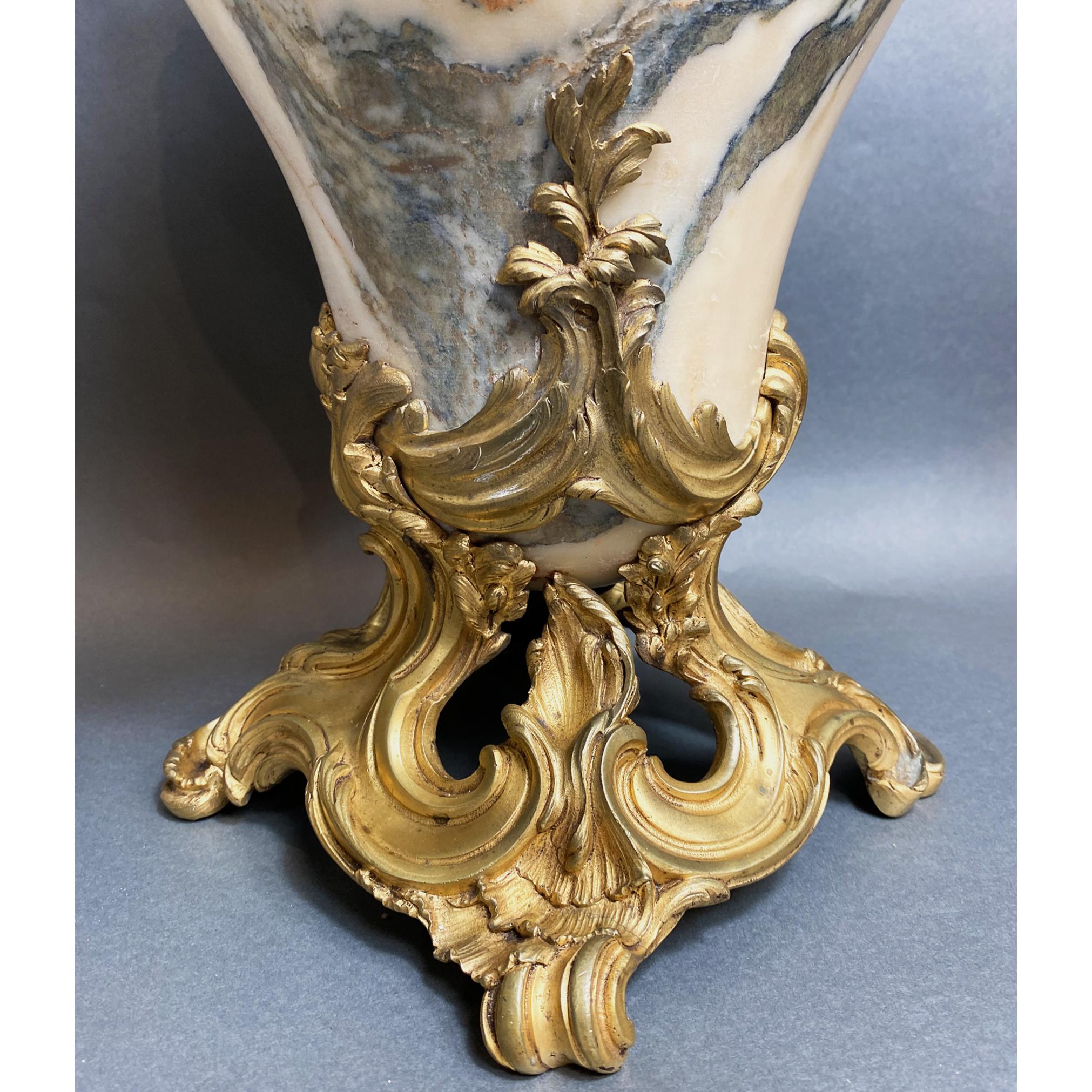 Pair French Gilt Bronze-Mounted Marble Urns with Pomegranate For Sale 2