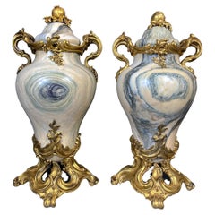 Pair French Gilt Bronze-Mounted Marble Urns with Pomegranate