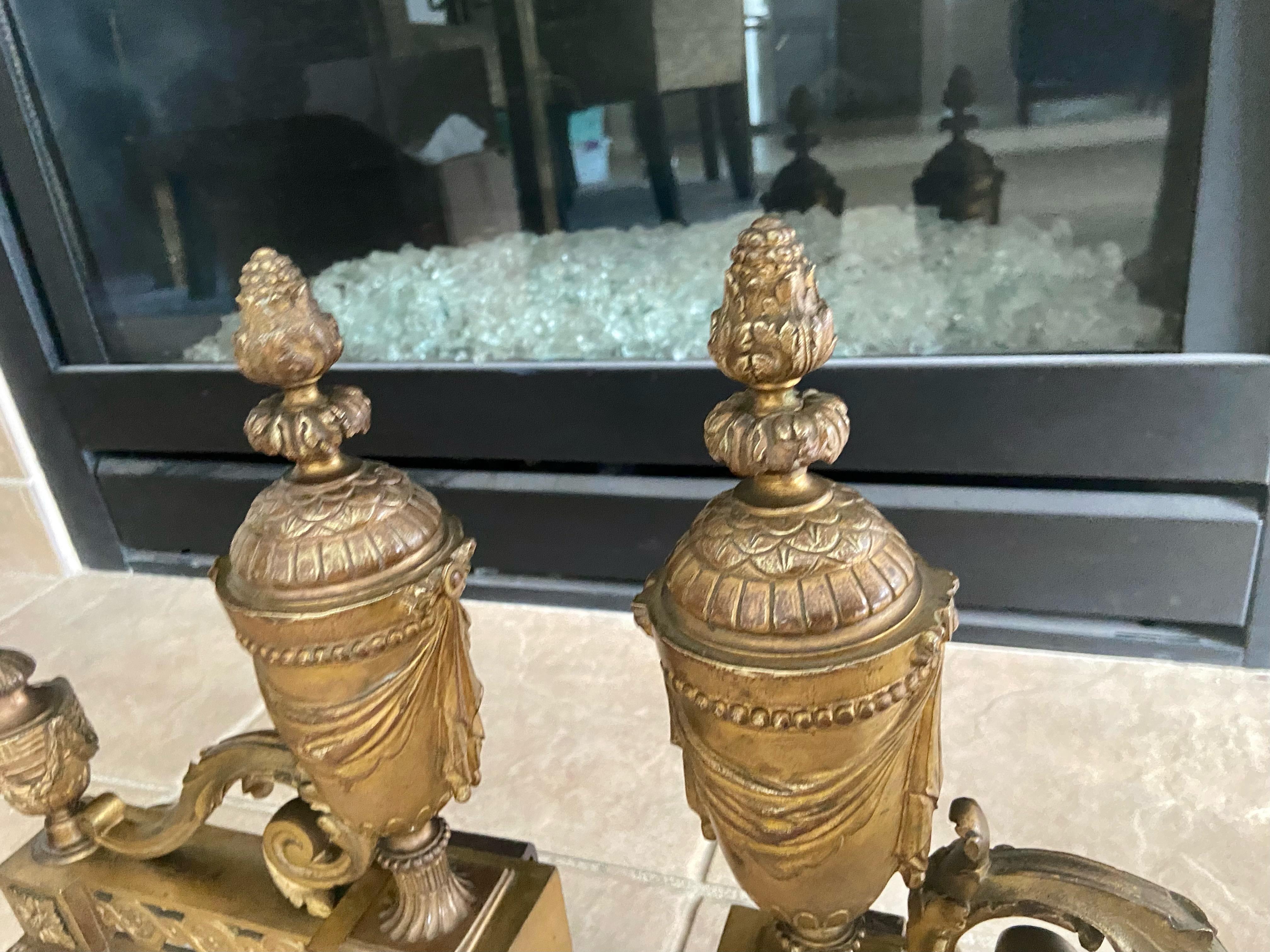 Pair French Gilt Bronze Neo Classical Chenets Andirons For Sale 6