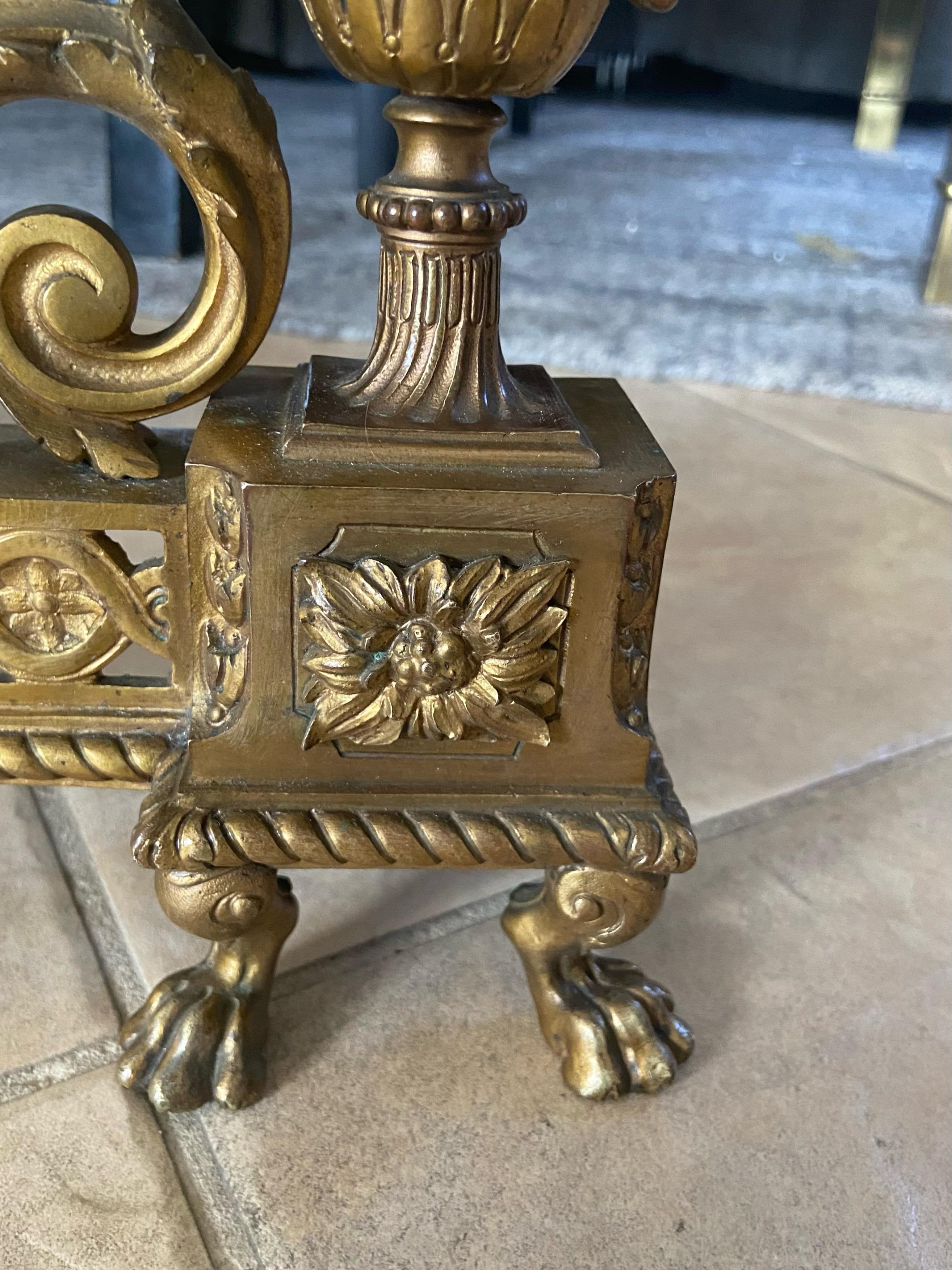Pair French Gilt Bronze Neo Classical Chenets Andirons For Sale 9