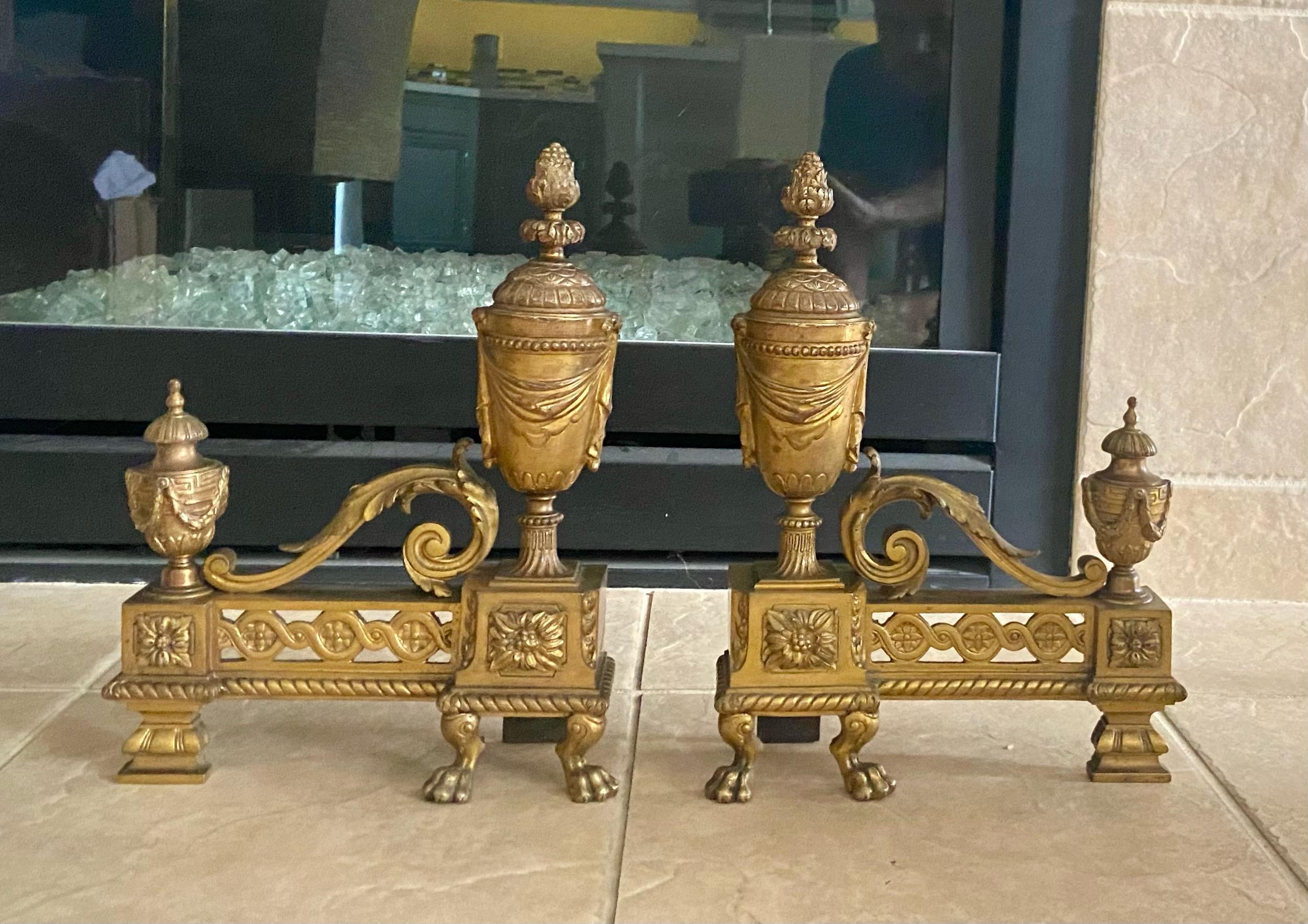 Pair French Gilt Bronze Neo Classical Chenets Andirons For Sale 11
