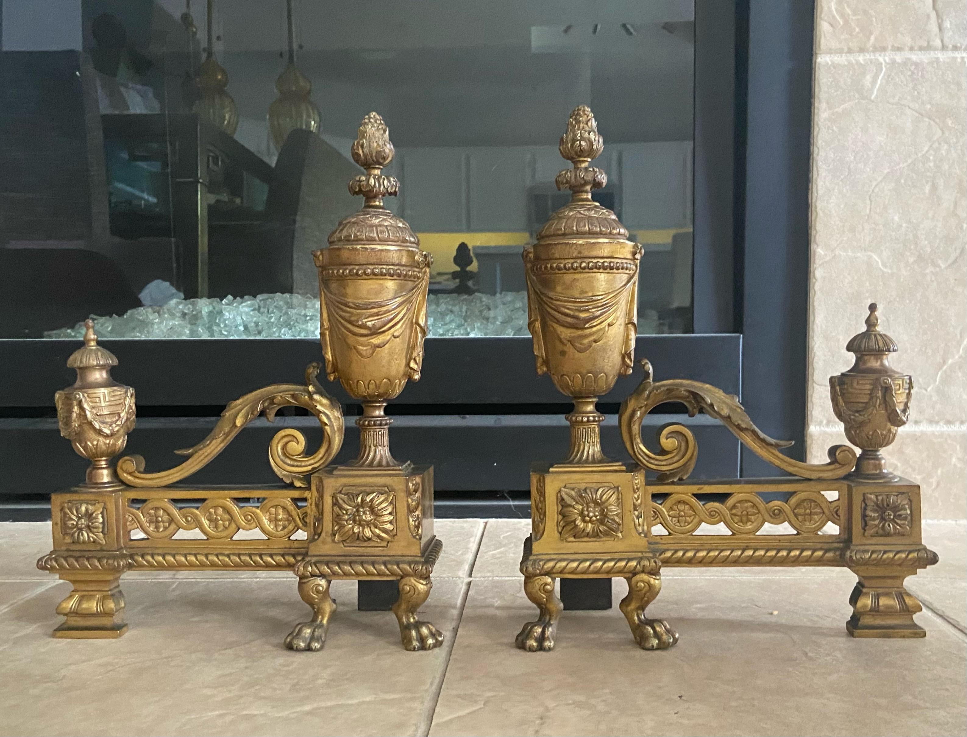 Pair French Gilt Bronze Neo Classical Chenets Andirons In Good Condition For Sale In Palm Springs, CA