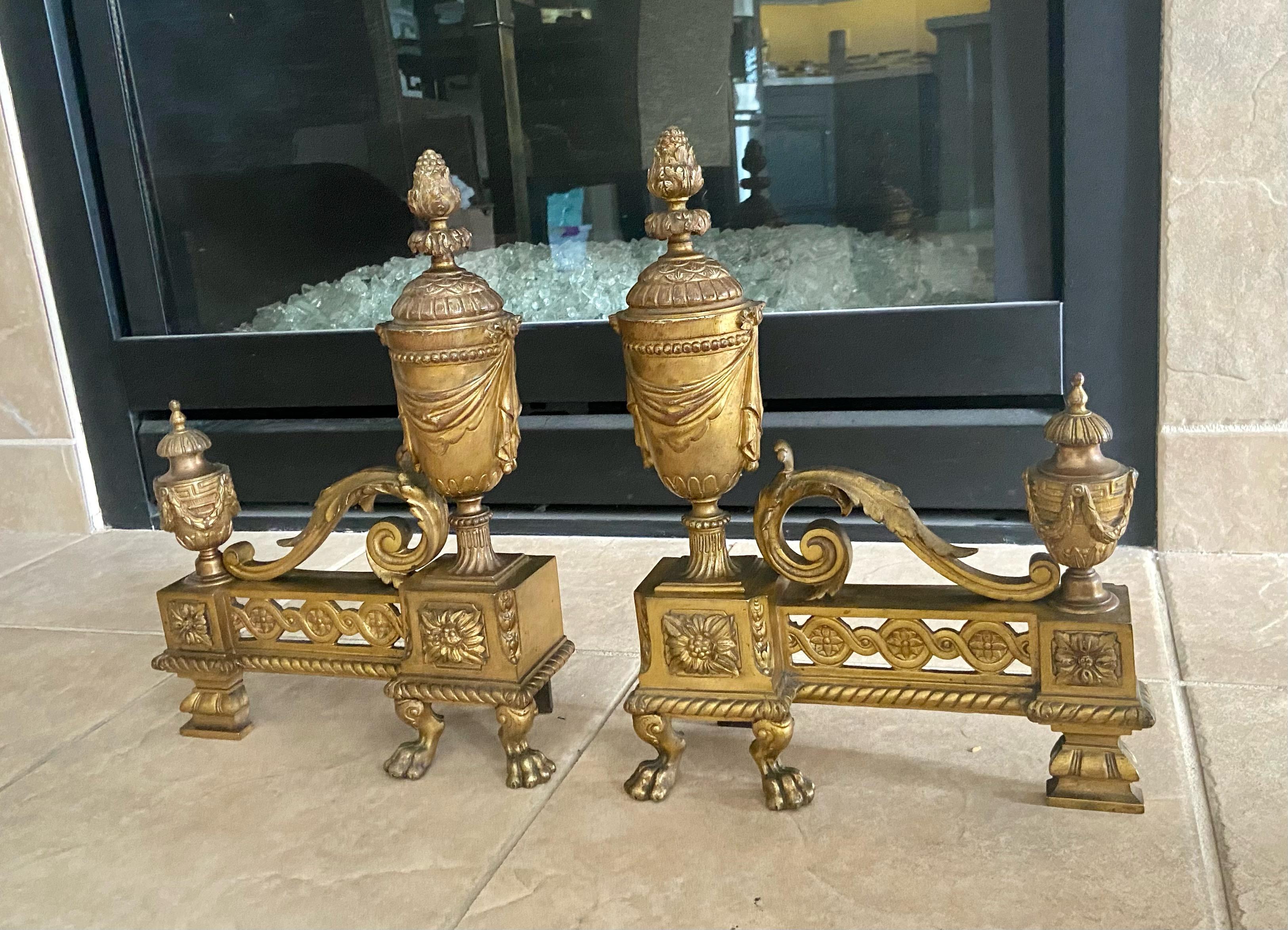 19th Century Pair French Gilt Bronze Neo Classical Chenets Andirons For Sale