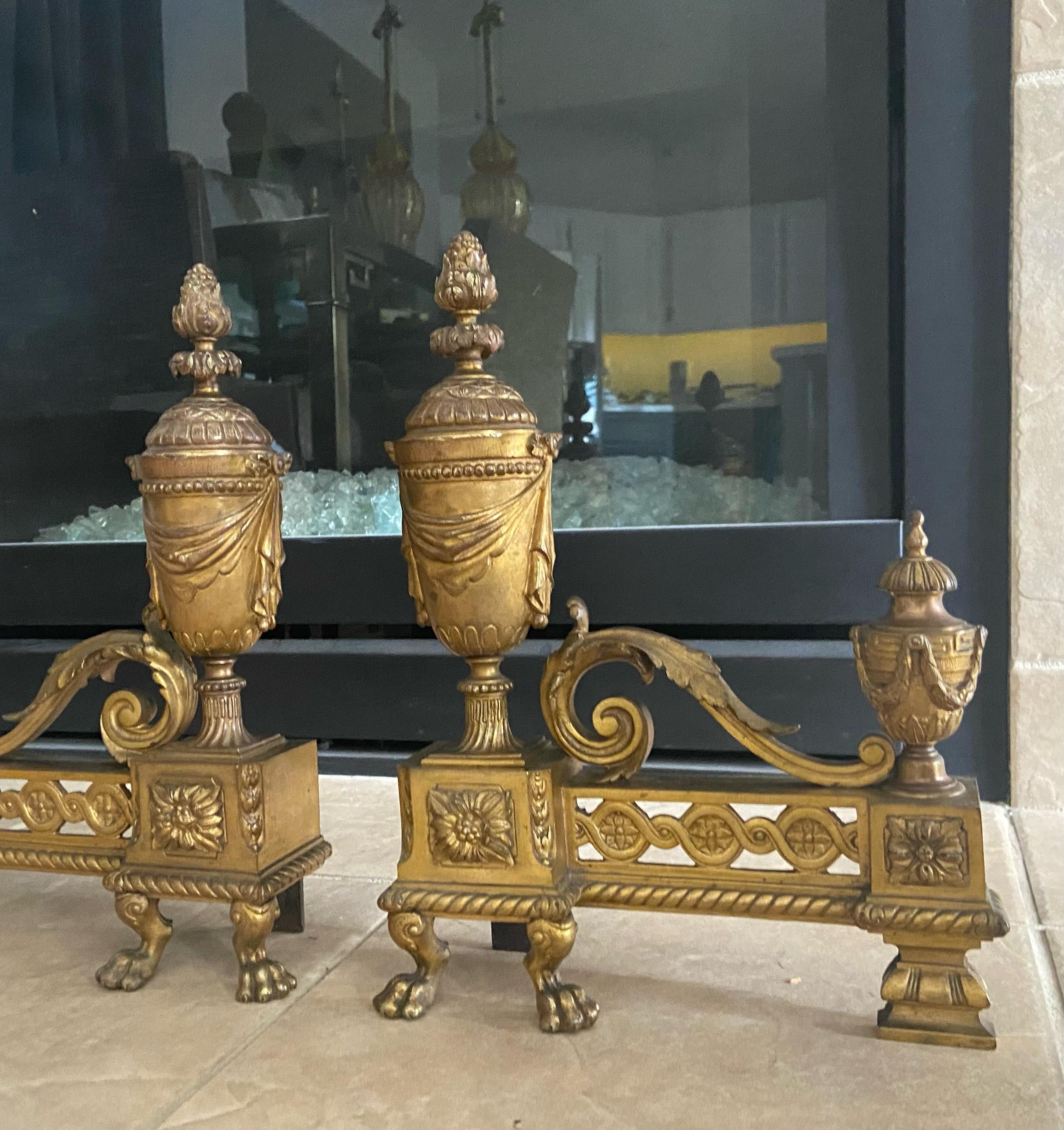 Pair French Gilt Bronze Neo Classical Chenets Andirons For Sale 1