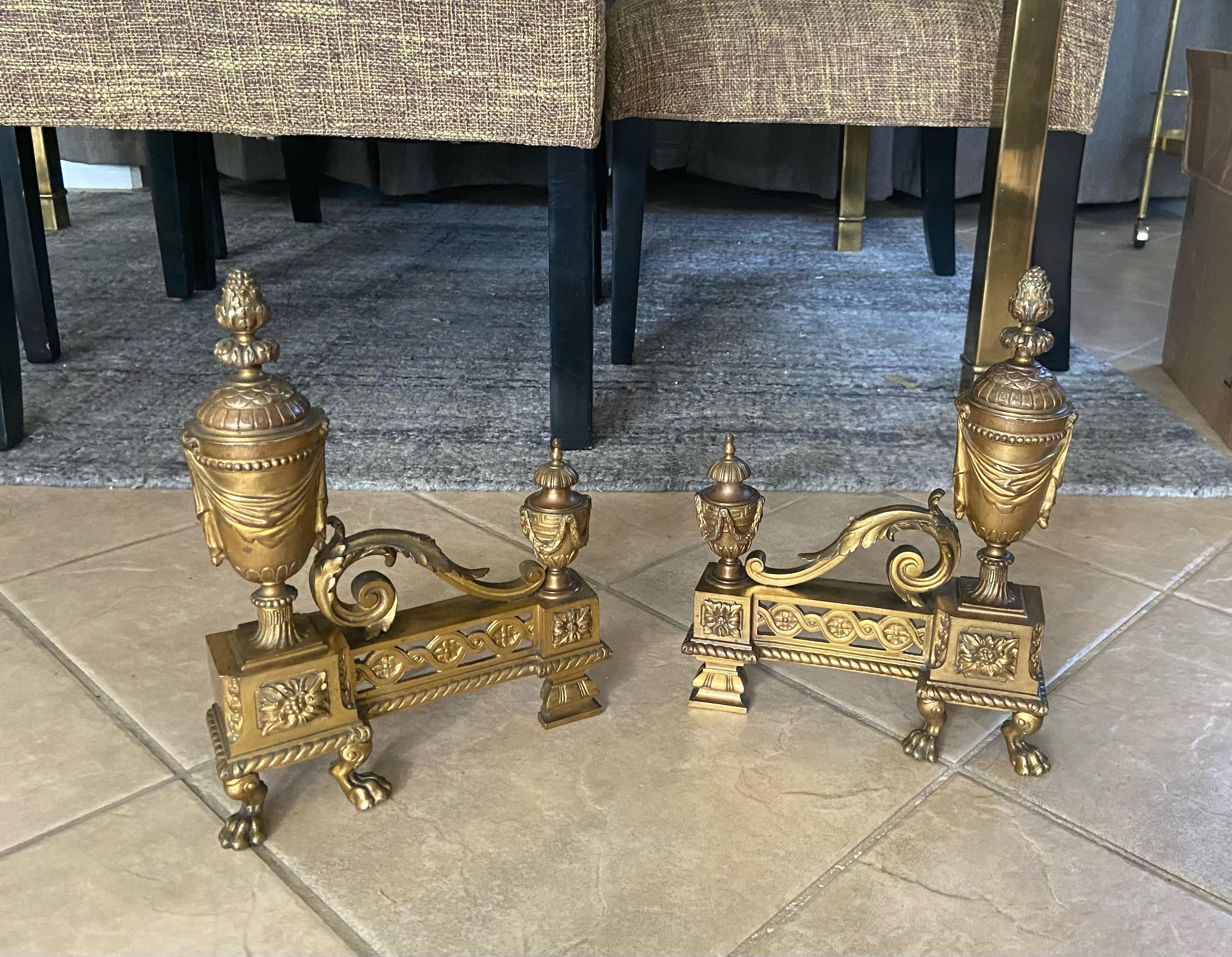 Pair French Gilt Bronze Neo Classical Chenets Andirons For Sale 2