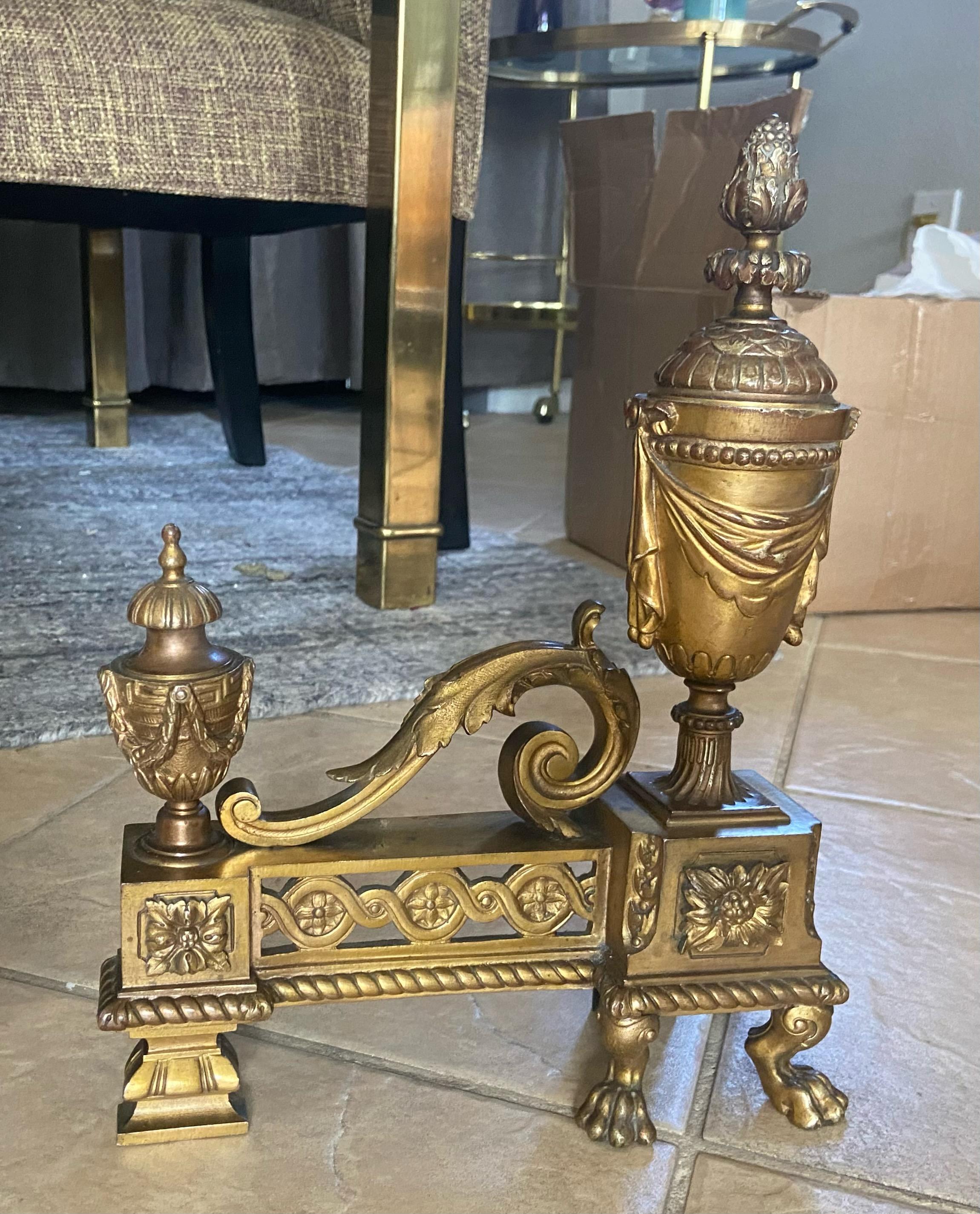 Pair French Gilt Bronze Neo Classical Chenets Andirons For Sale 4