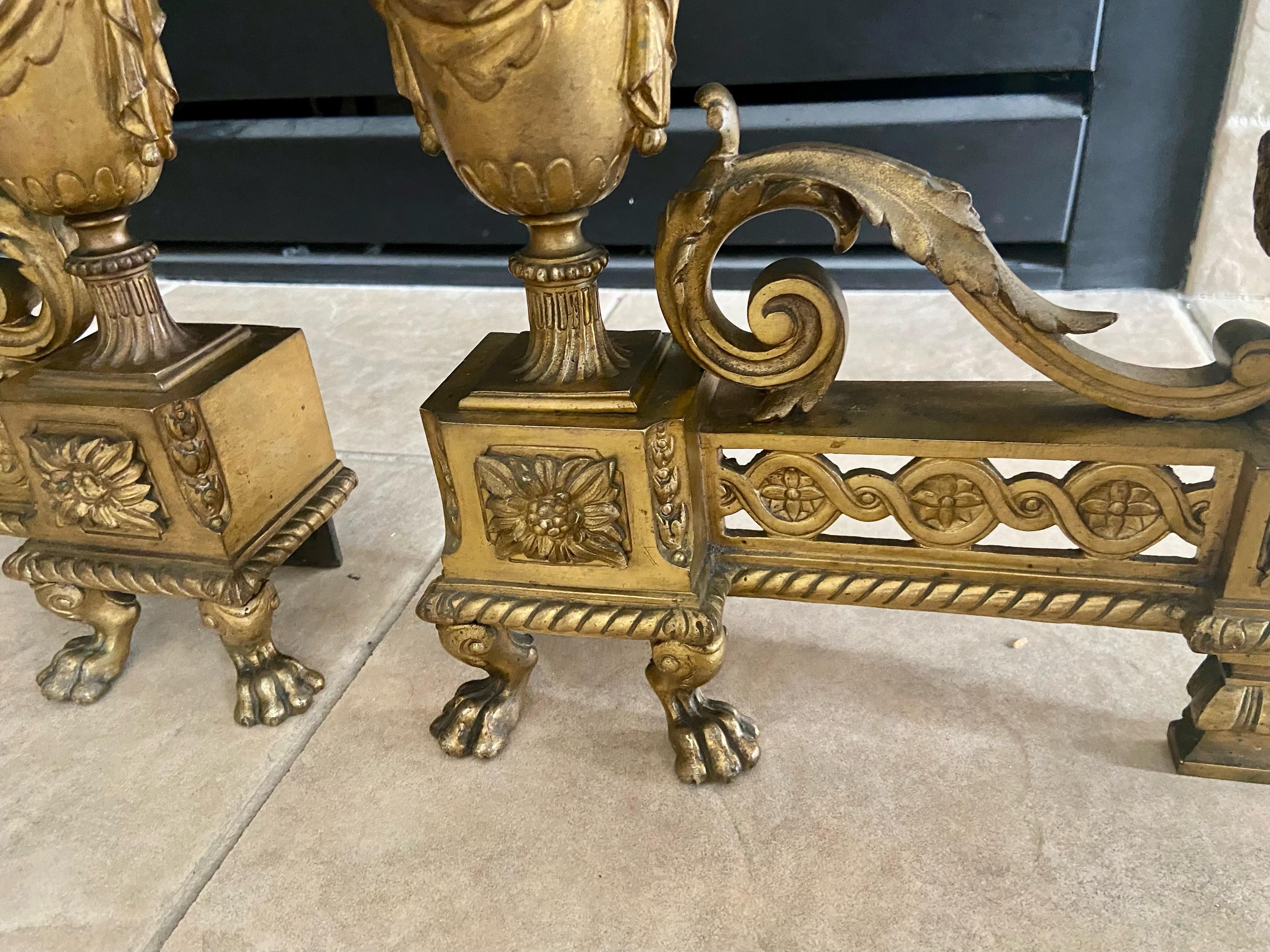 Pair French Gilt Bronze Neo Classical Chenets Andirons For Sale 5