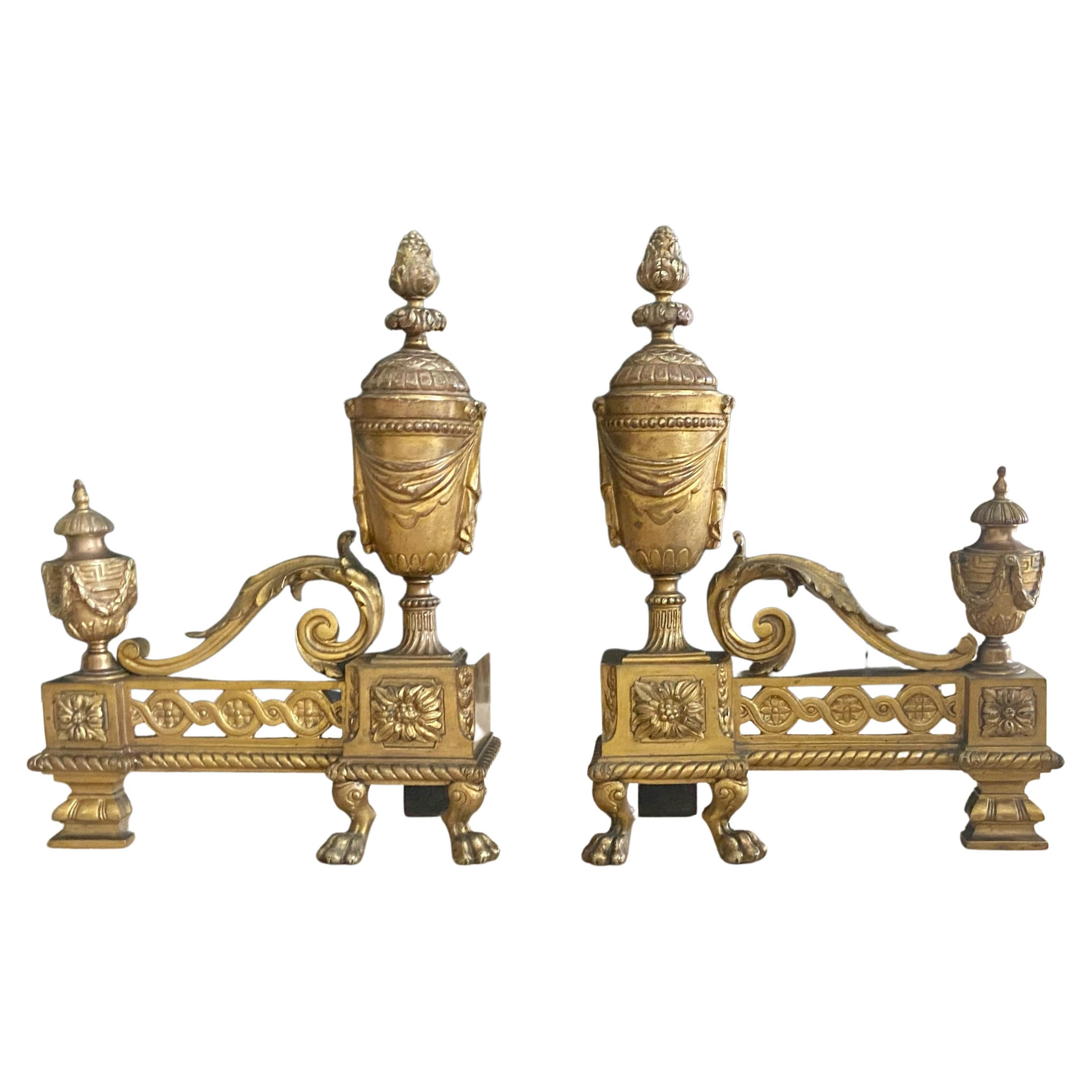 Pair French Gilt Bronze Neo Classical Chenets Andirons For Sale