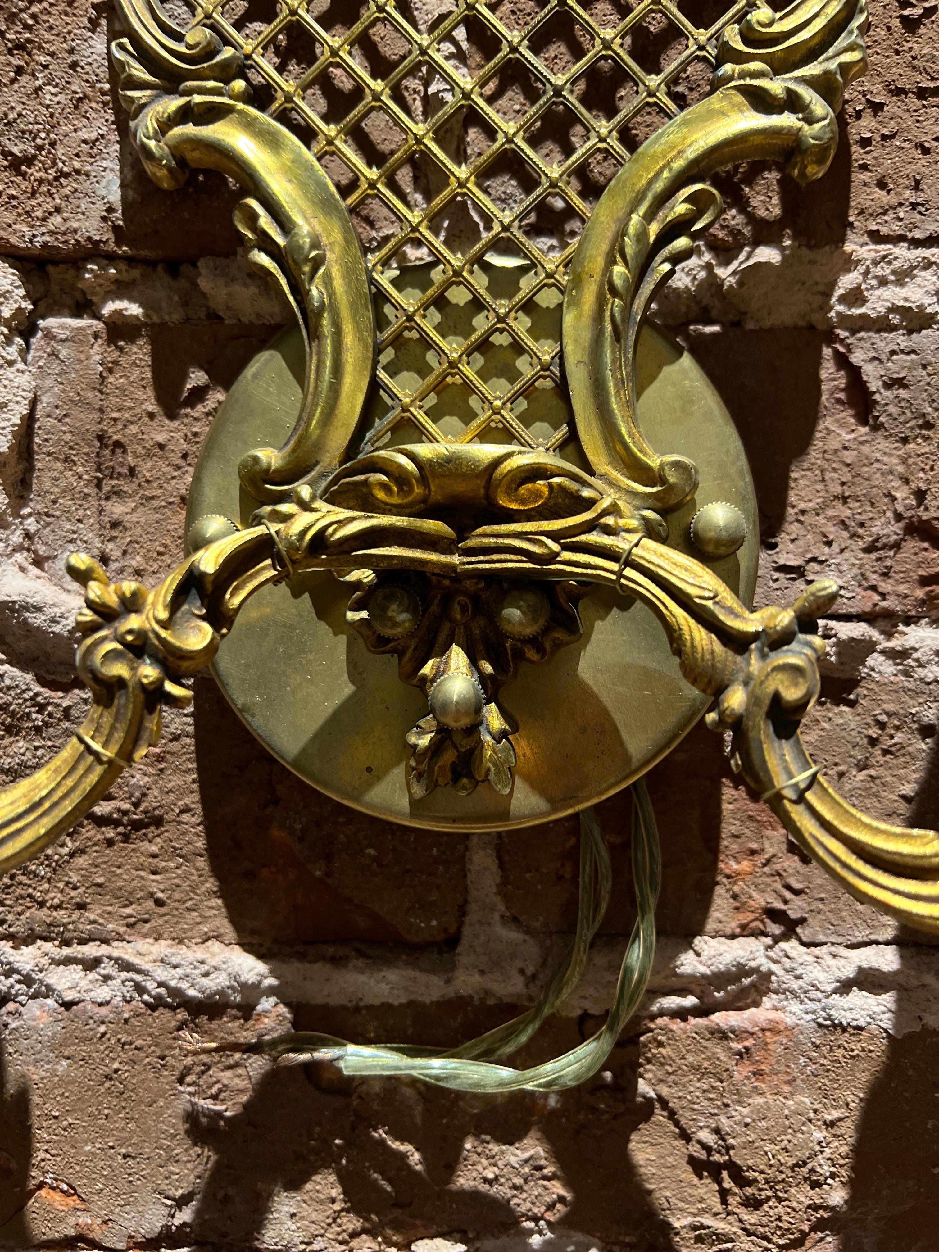 20th Century Pair, French Gilt Bronze Pierced Fishnet Two-Light Wall Sconces  For Sale