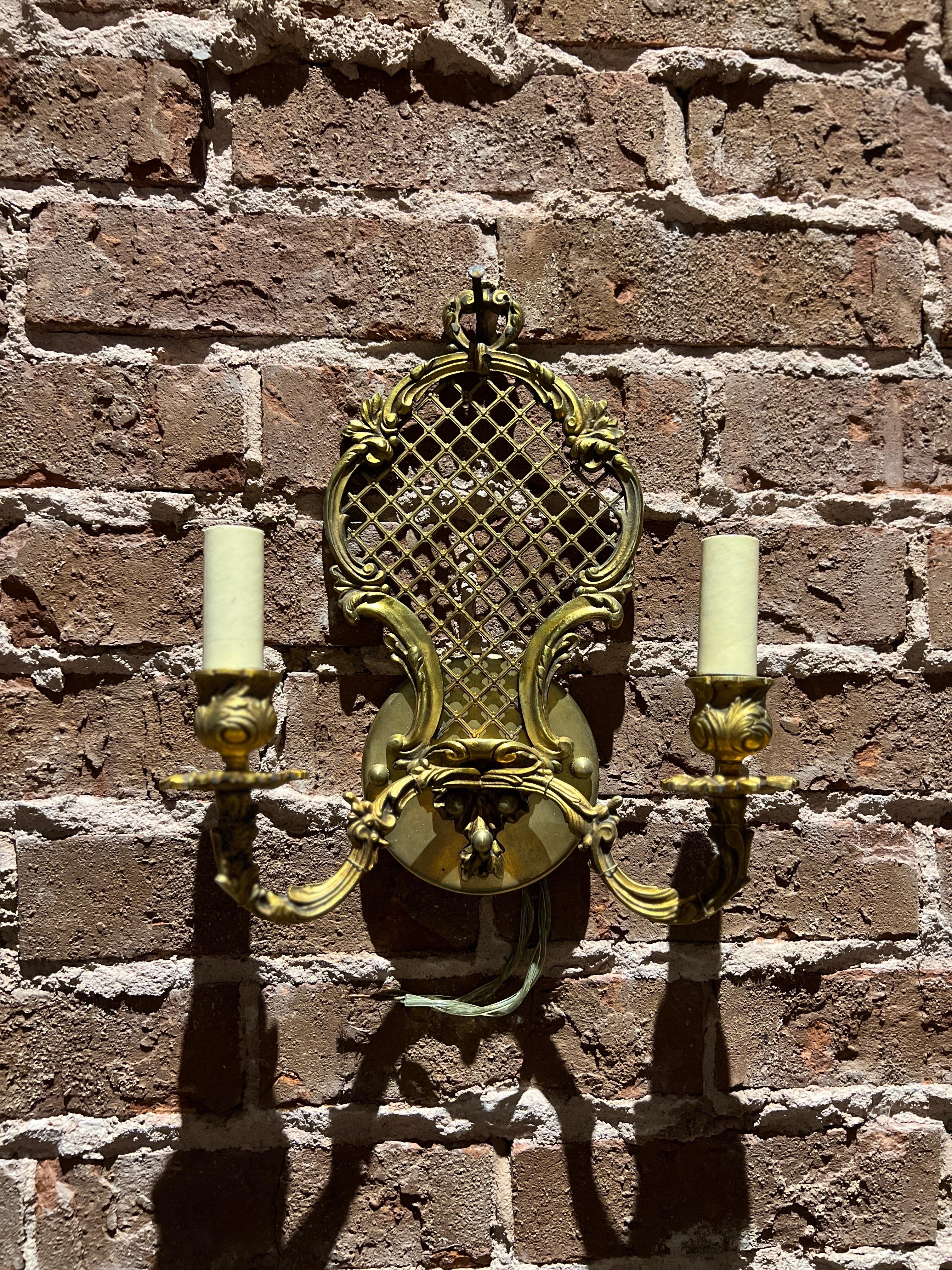Pair, French Gilt Bronze Pierced Fishnet Two-Light Wall Sconces  For Sale 2
