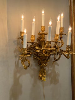Pair French gilt bronze sconces, large eight light rococo, wired