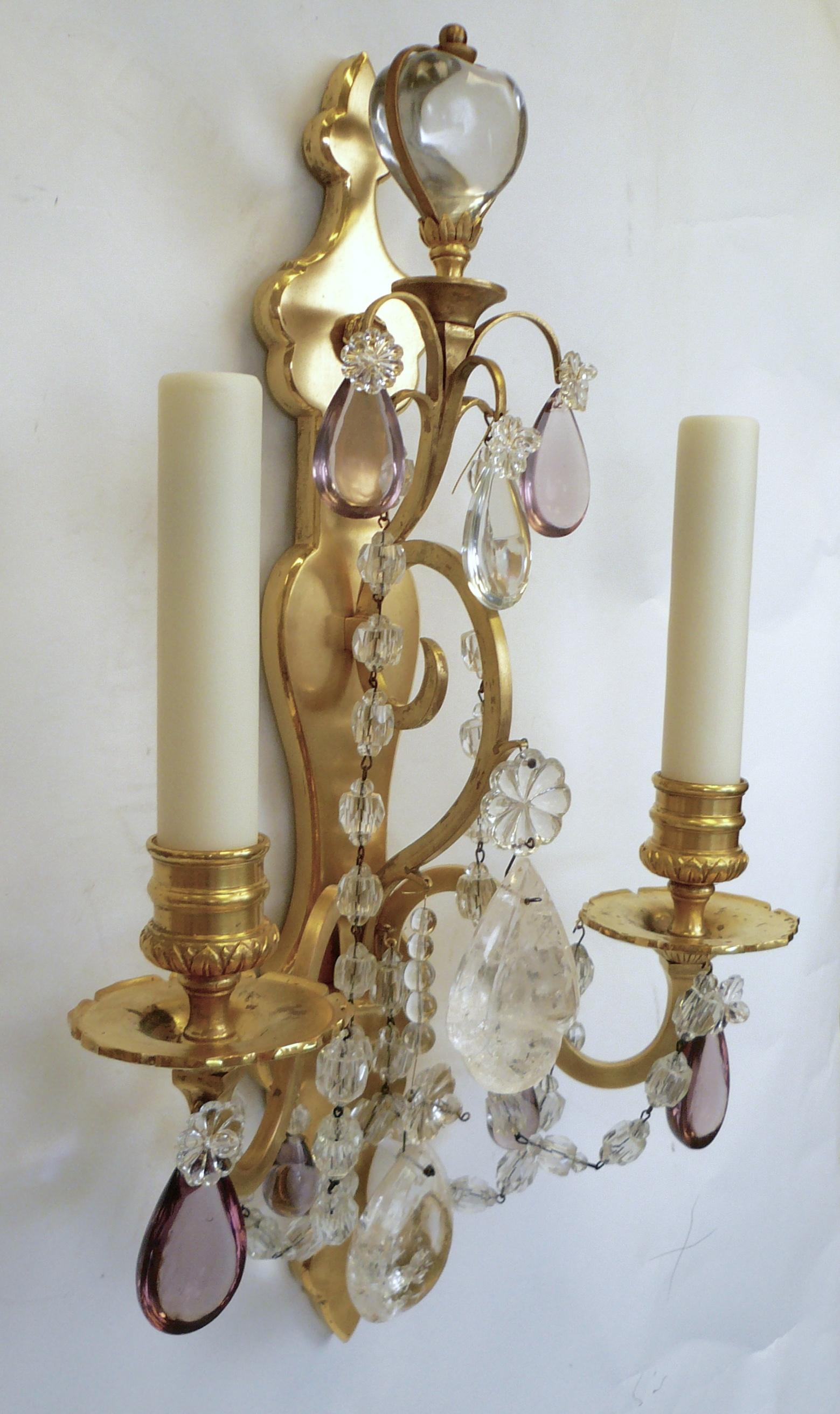 Pair of French Gilt Bronze Sconces with Rock Crystal and Amethyst Prisms For Sale 5