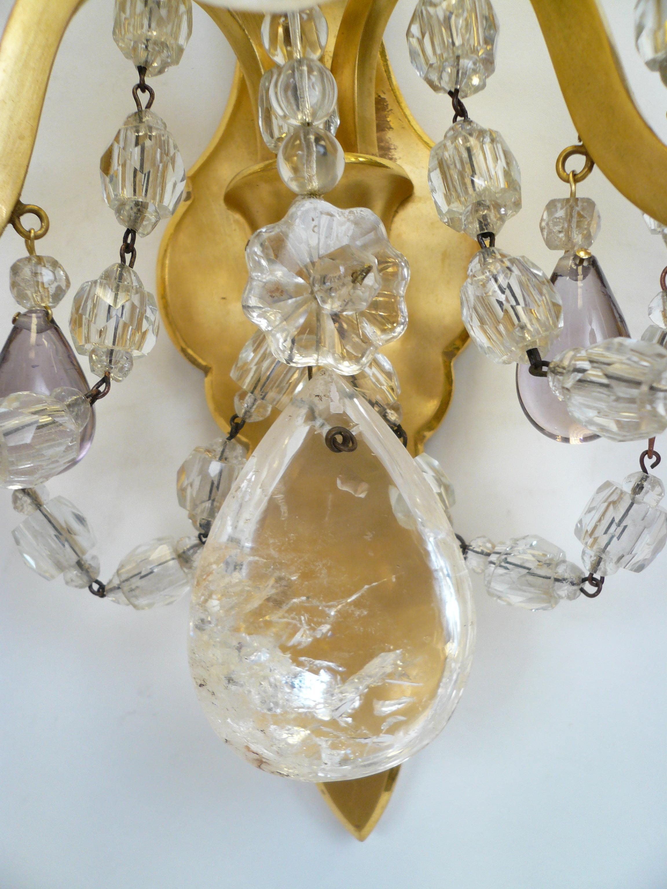 Pair of French Gilt Bronze Sconces with Rock Crystal and Amethyst Prisms For Sale 5