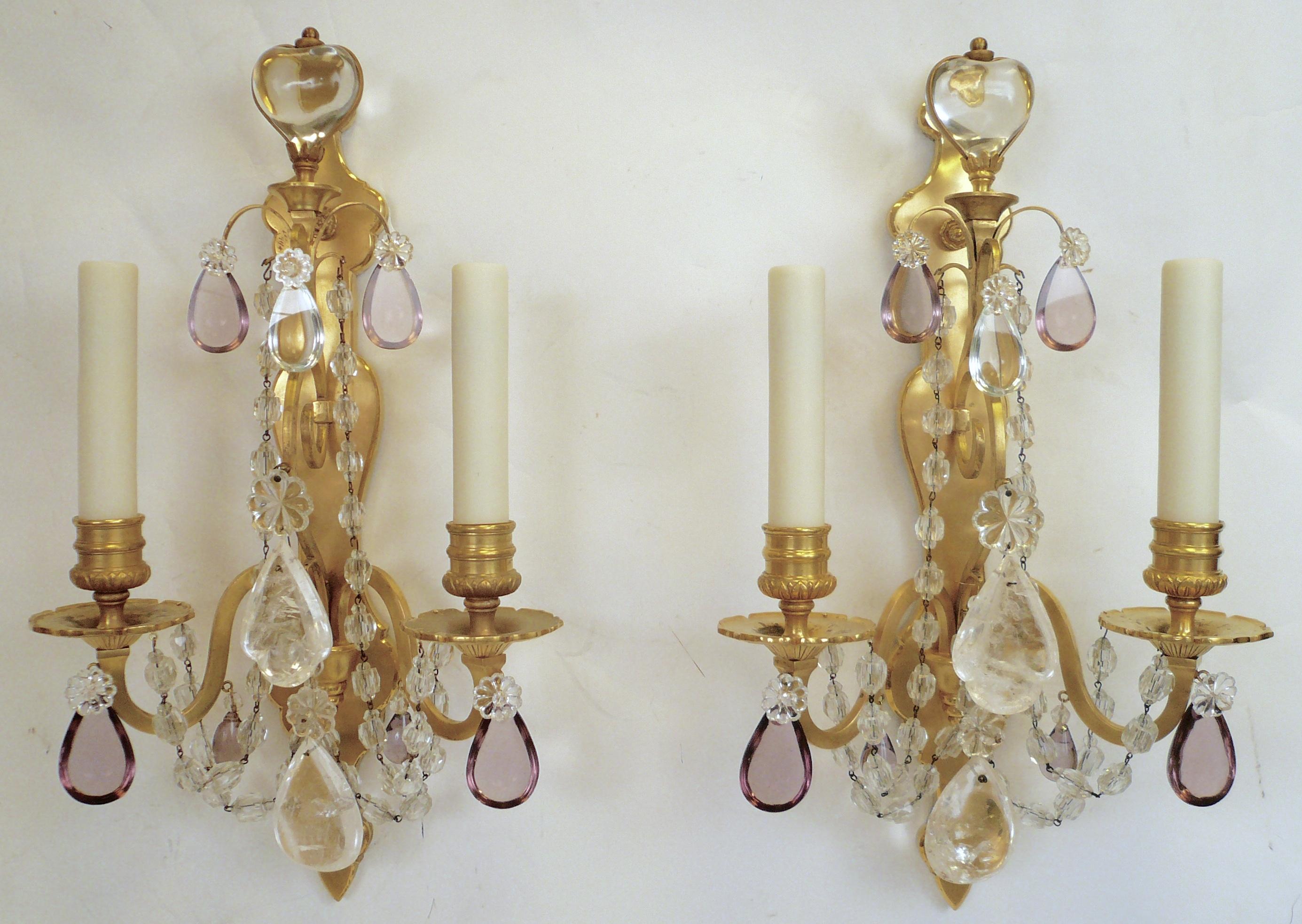 Pair of French Gilt Bronze Sconces with Rock Crystal and Amethyst Prisms For Sale 6