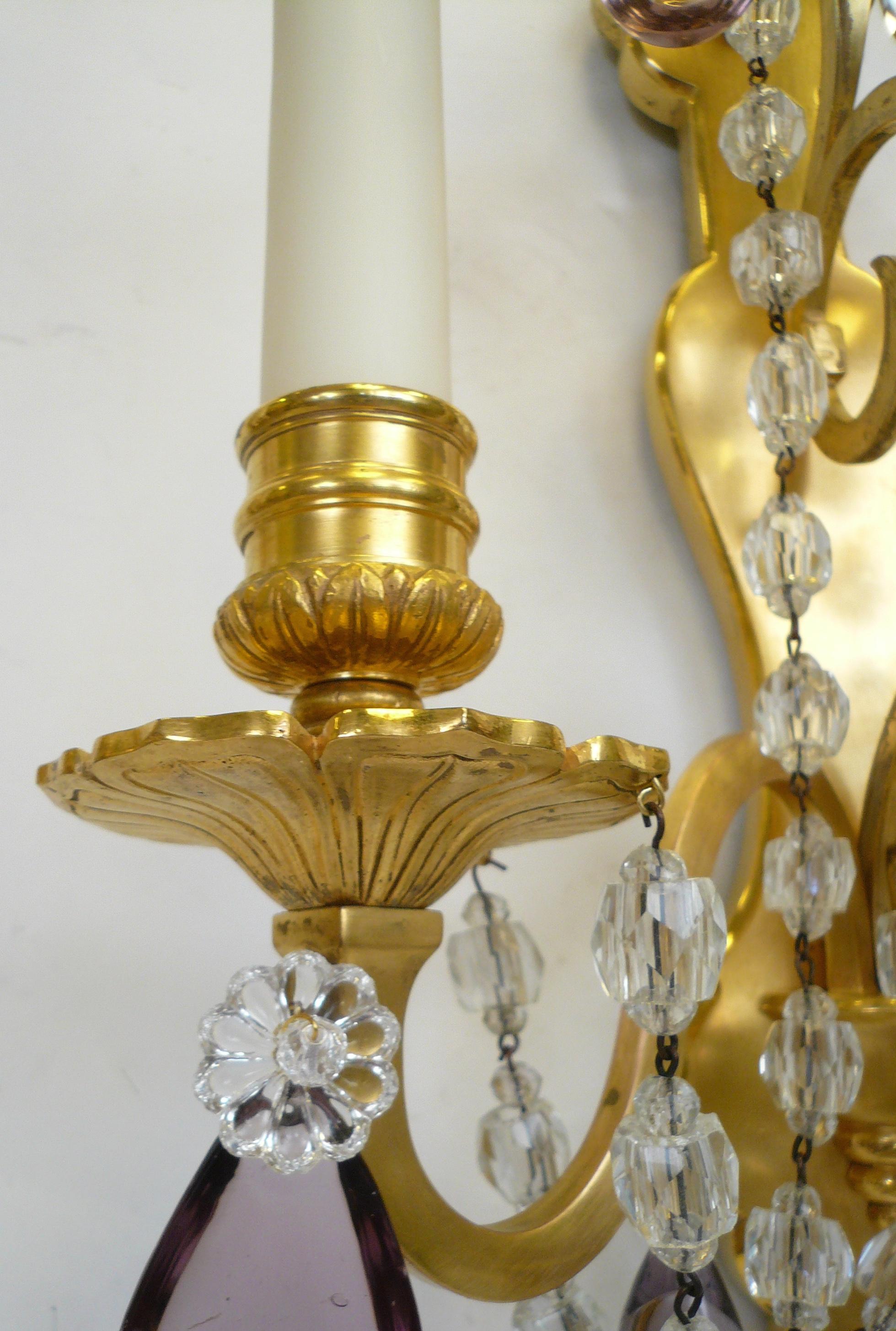 Pair of French Gilt Bronze Sconces with Rock Crystal and Amethyst Prisms For Sale 10