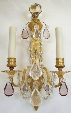 Pair of French Gilt Bronze Sconces with Rock Crystal and Amethyst Prisms