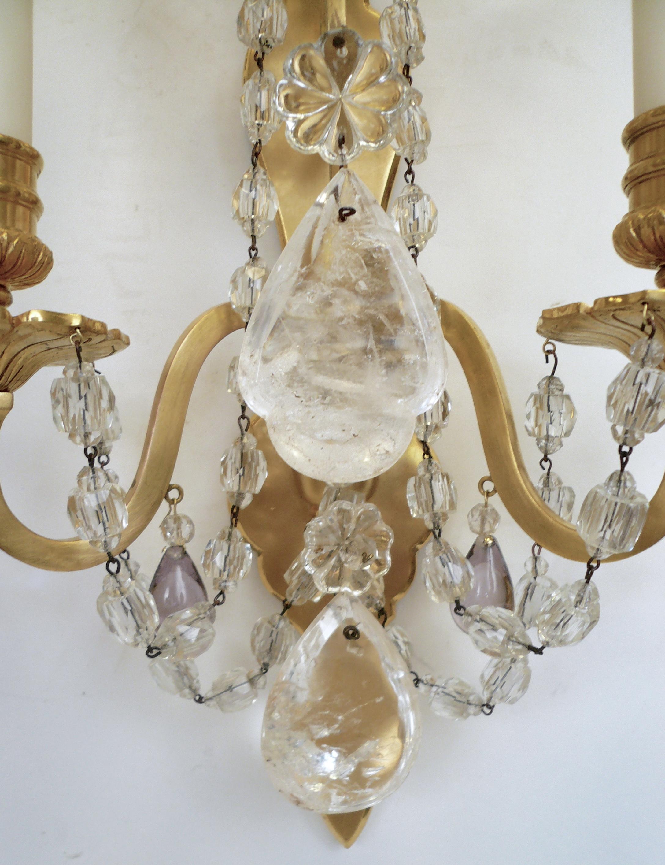 20th Century Pair of French Gilt Bronze Sconces with Rock Crystal and Amethyst Prisms For Sale
