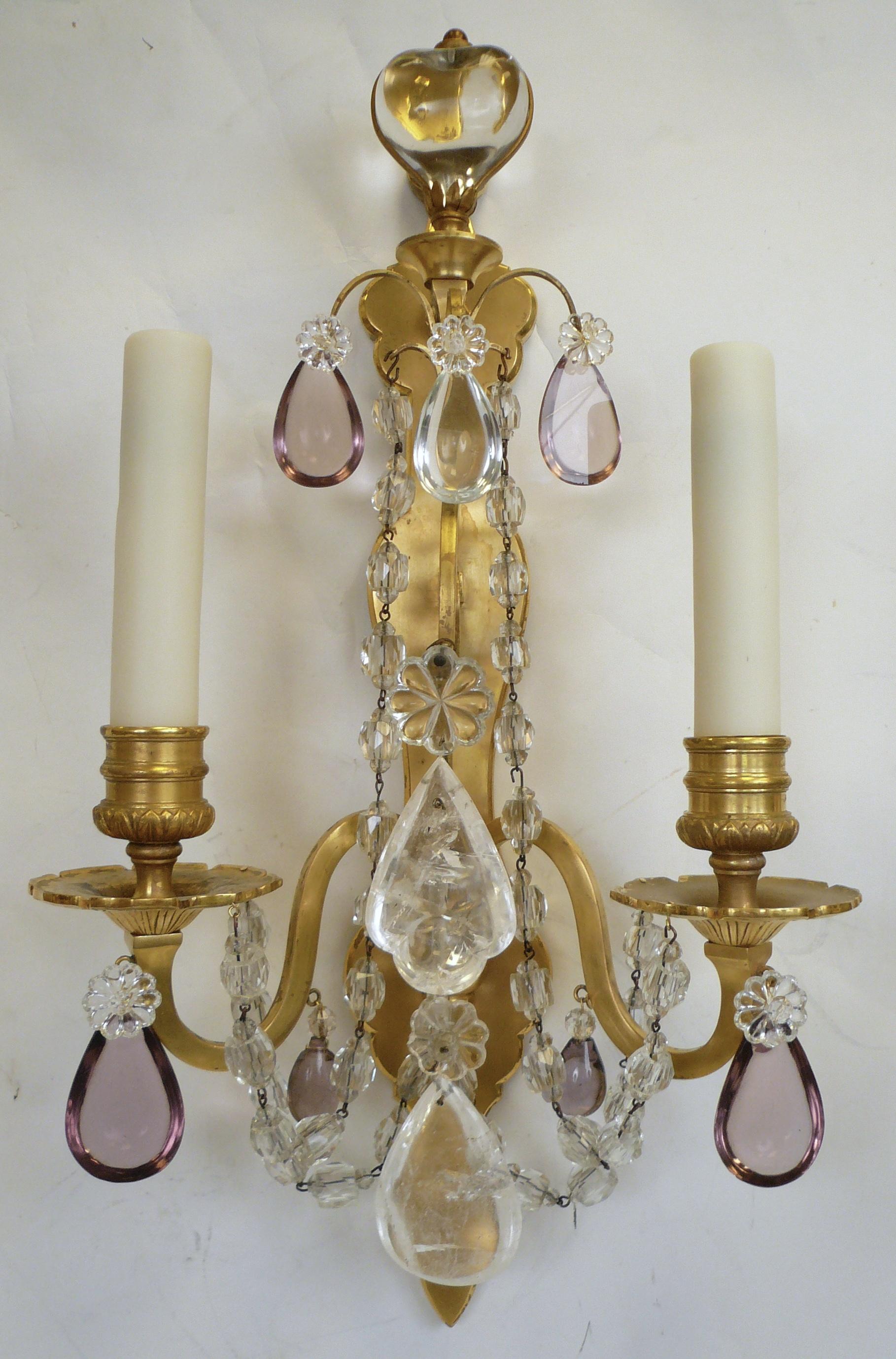 20th Century Pair of French Gilt Bronze Sconces with Rock Crystal and Amethyst Prisms For Sale