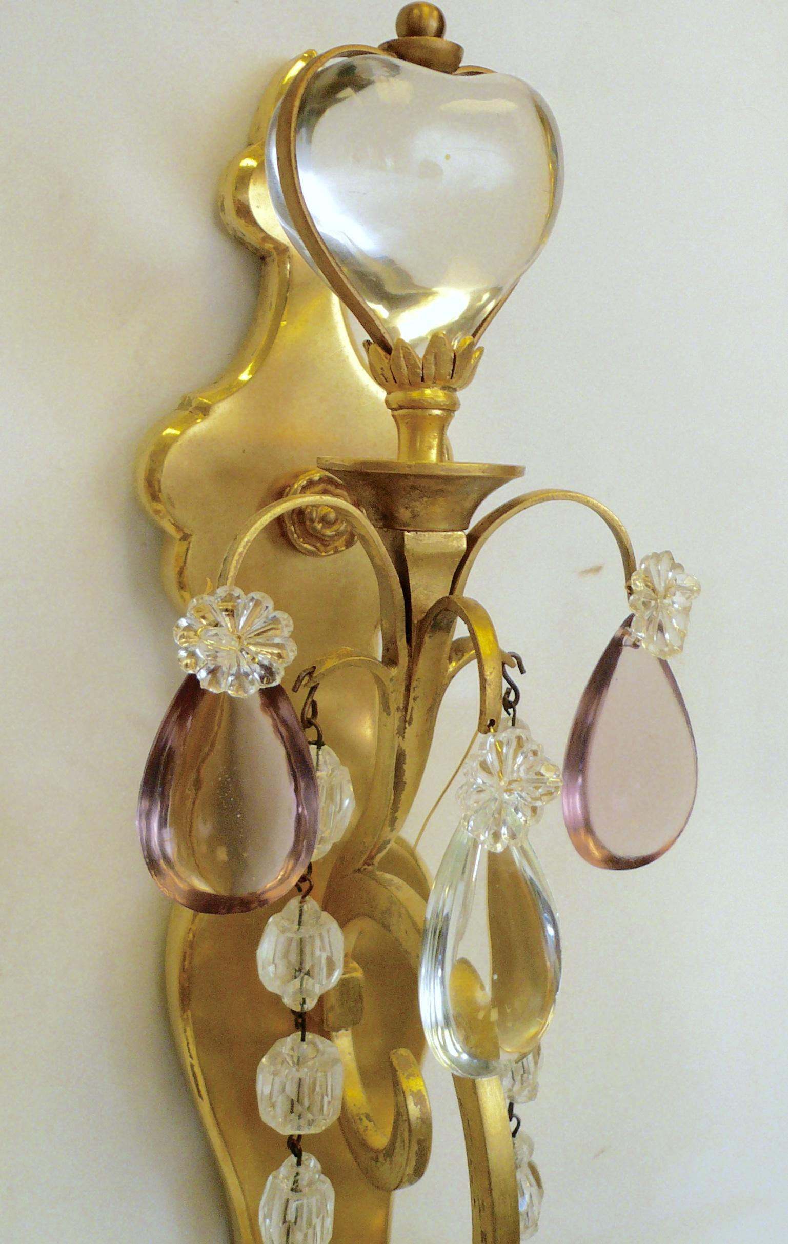 Pair of French Gilt Bronze Sconces with Rock Crystal and Amethyst Prisms For Sale 2