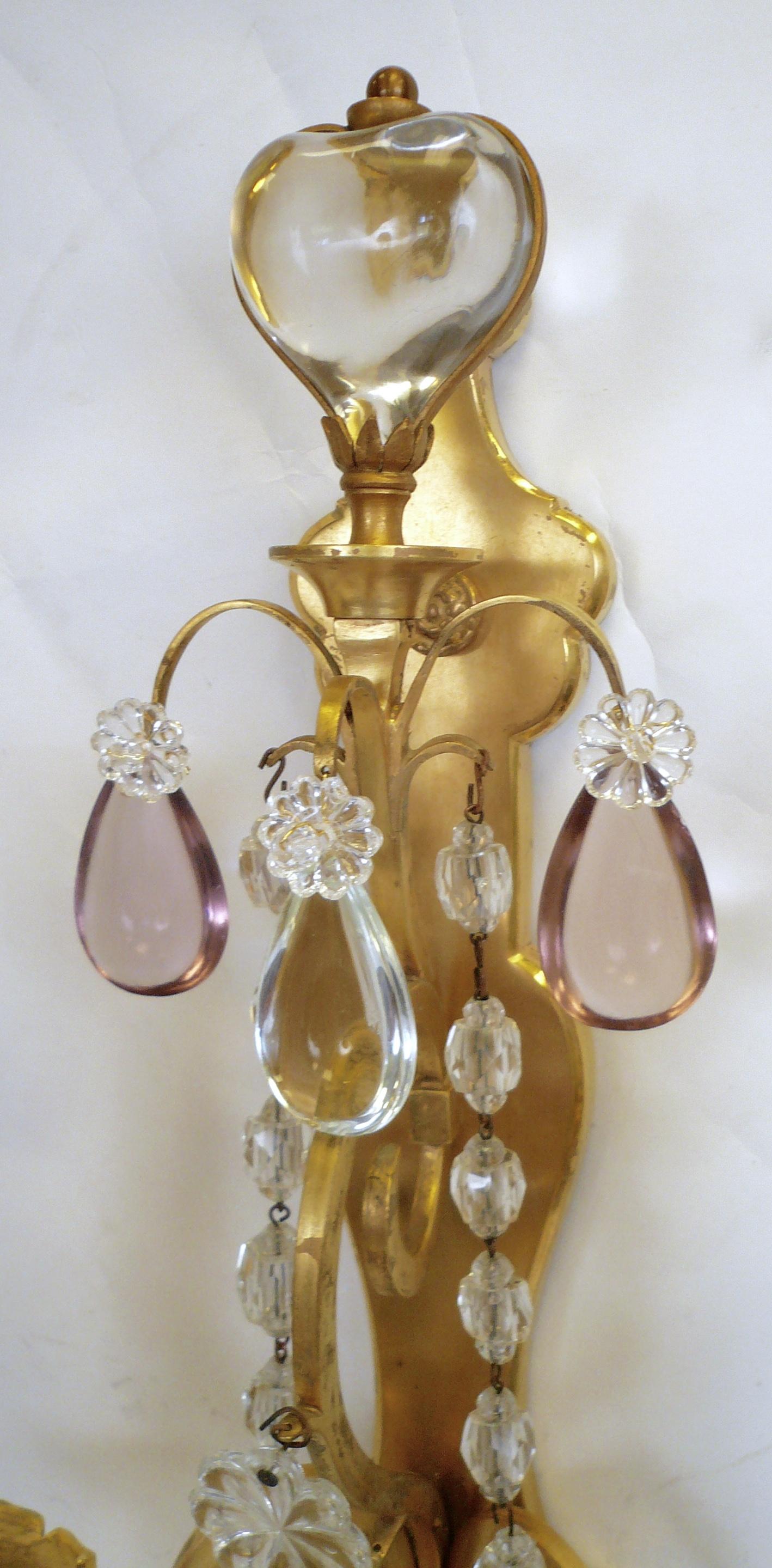 Pair of French Gilt Bronze Sconces with Rock Crystal and Amethyst Prisms For Sale 3