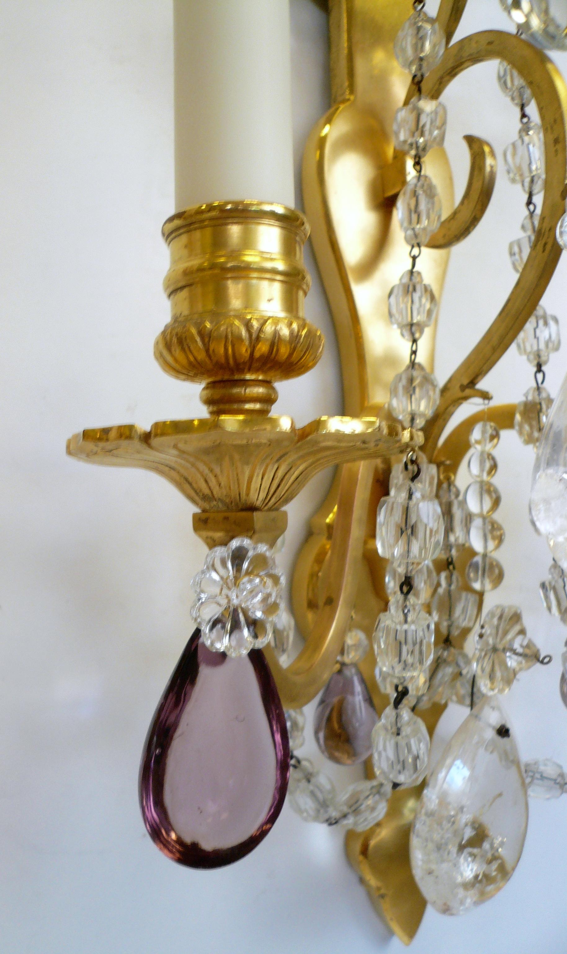 Pair of French Gilt Bronze Sconces with Rock Crystal and Amethyst Prisms For Sale 3