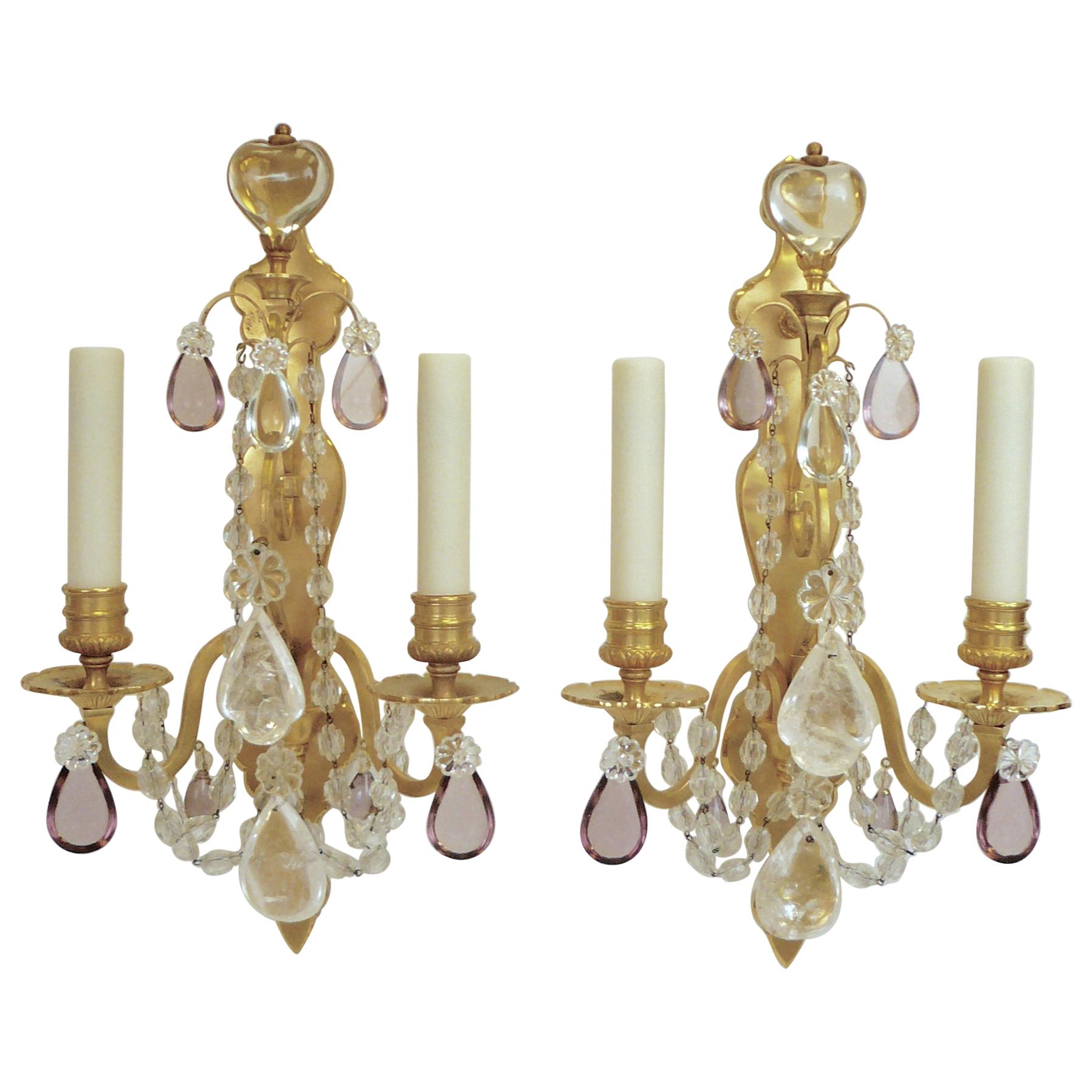 Pair of French Gilt Bronze Sconces with Rock Crystal and Amethyst Prisms For Sale