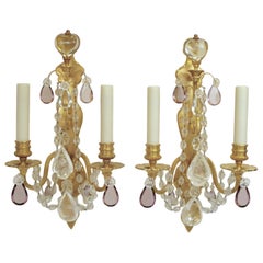 Pair of French Gilt Bronze Sconces with Rock Crystal and Amethyst Prisms