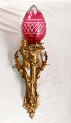 Pair French Gilt Bronze Wall Lights Sconces Cranberry Cut Glass Shades Louis XV