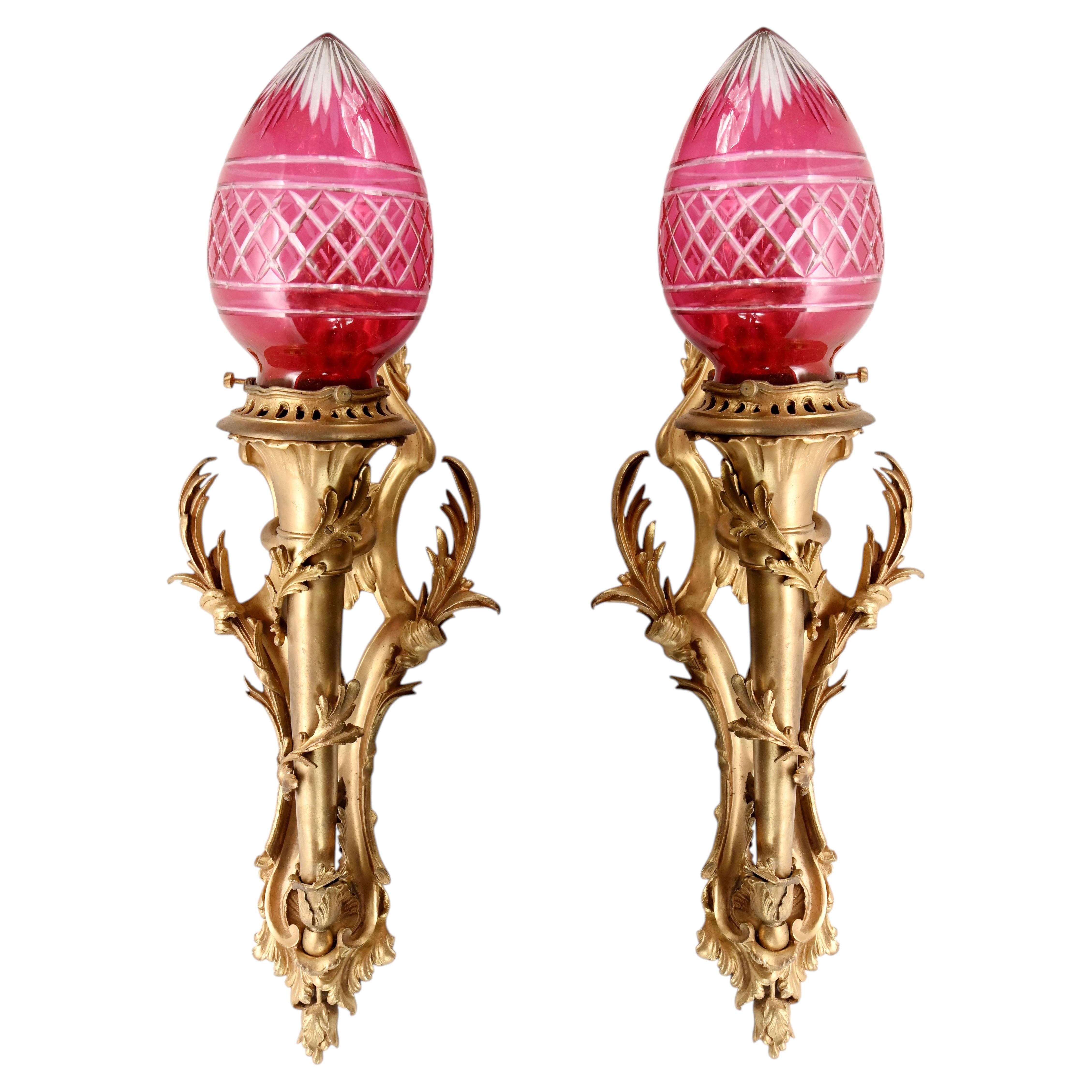 Pair French Gilt Bronze Wall Lights Sconces Cranberry Cut Glass Shades Louis XV For Sale