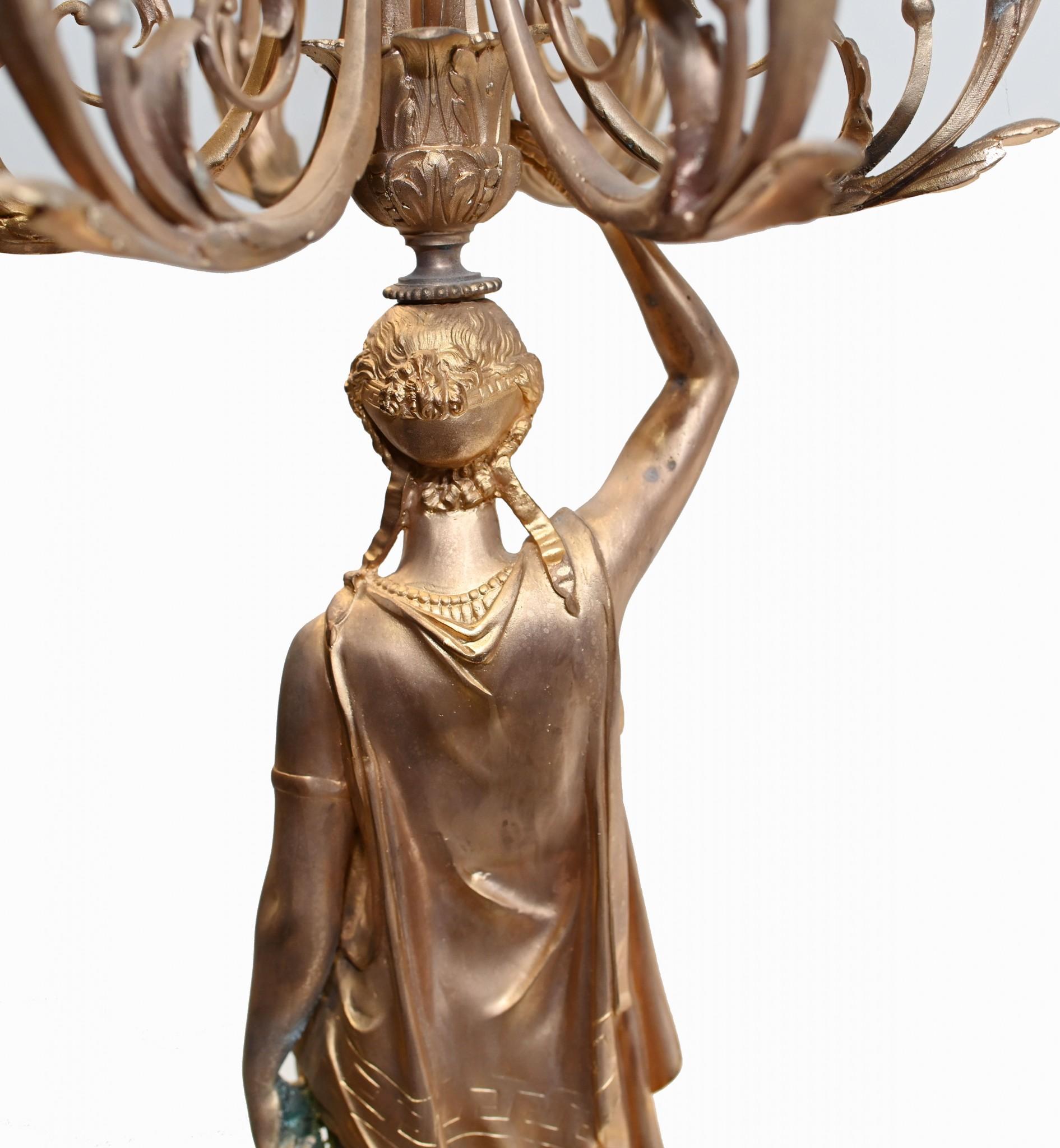 Pair French Gilt Candelabras Female Maiden Figural Candles In Good Condition For Sale In Potters Bar, GB
