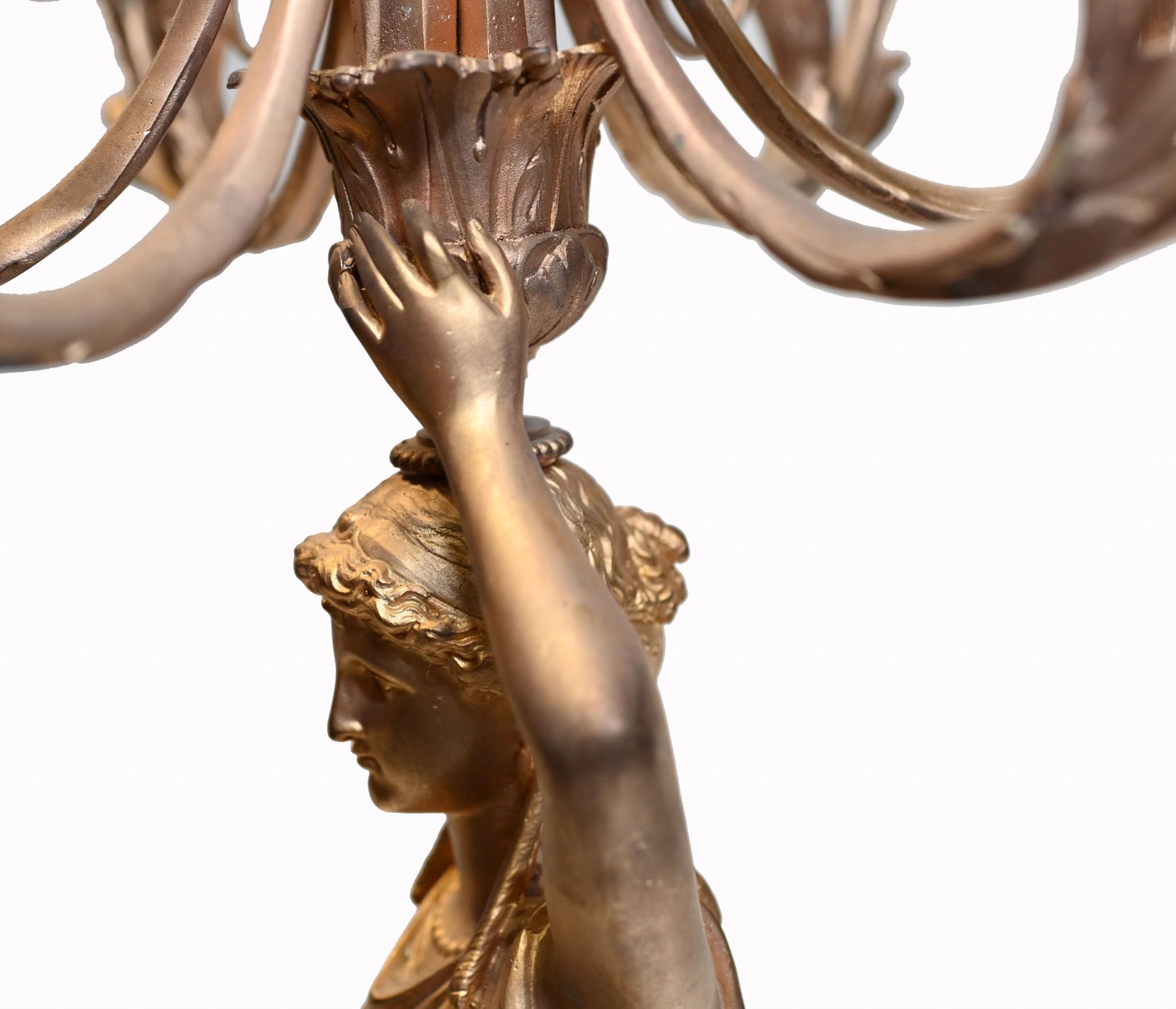 Pair French Gilt Candelabras Female Maiden Figural Candles For Sale 1
