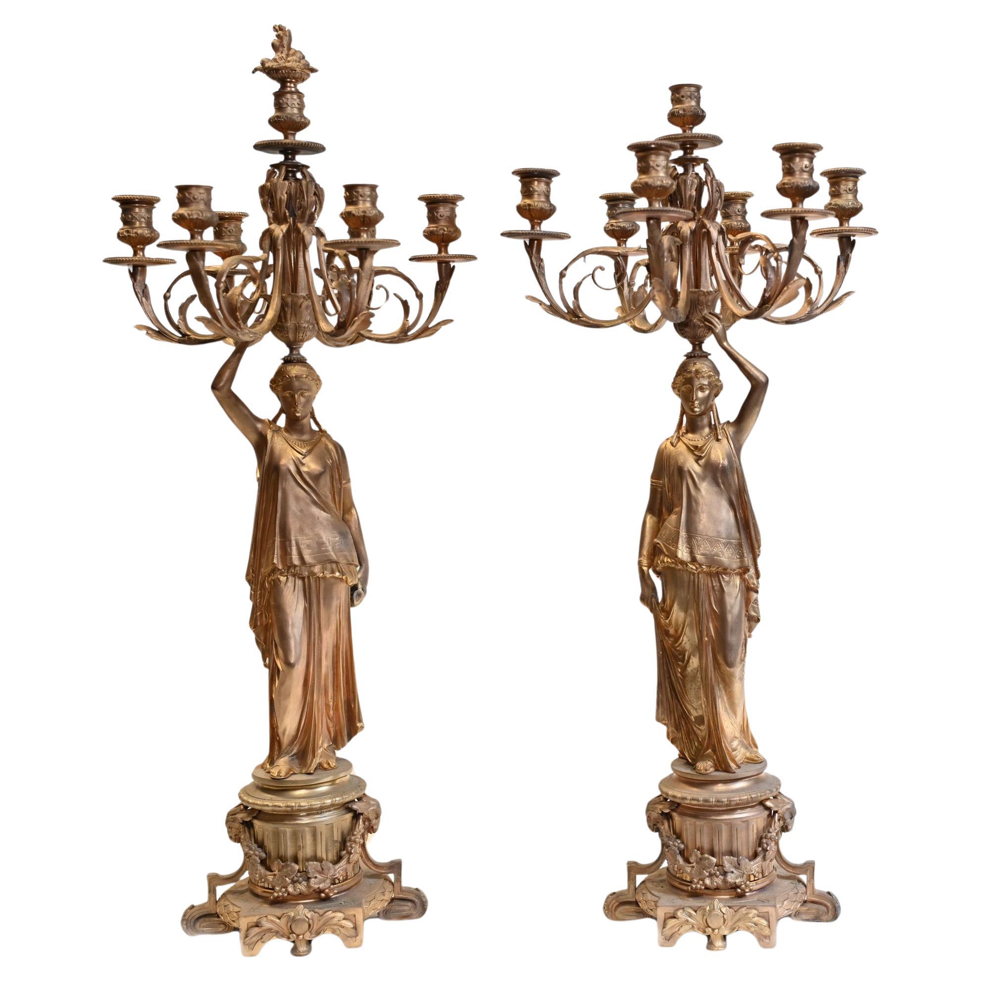 Pair French Gilt Candelabras Female Maiden Figural Candles