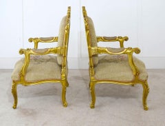 Pair French Gilt Chairs Antique Fauteuils