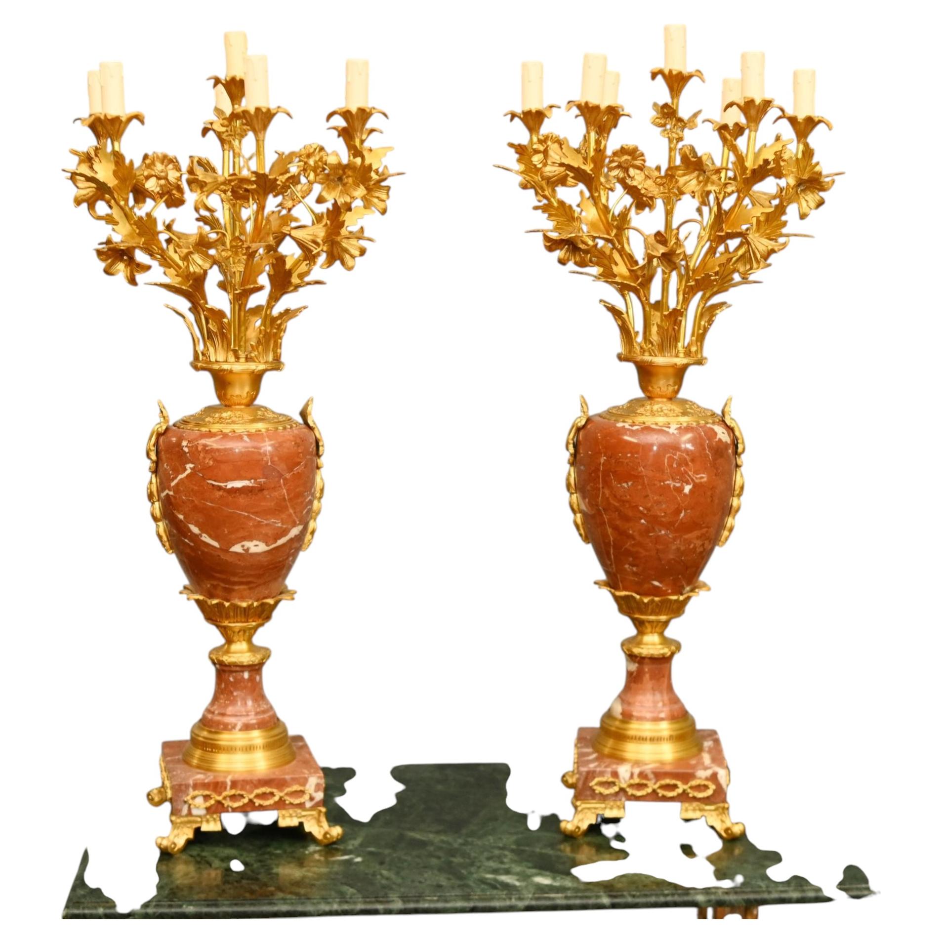 Pair French Gilt Marble Candelabras Urn Louis XVI