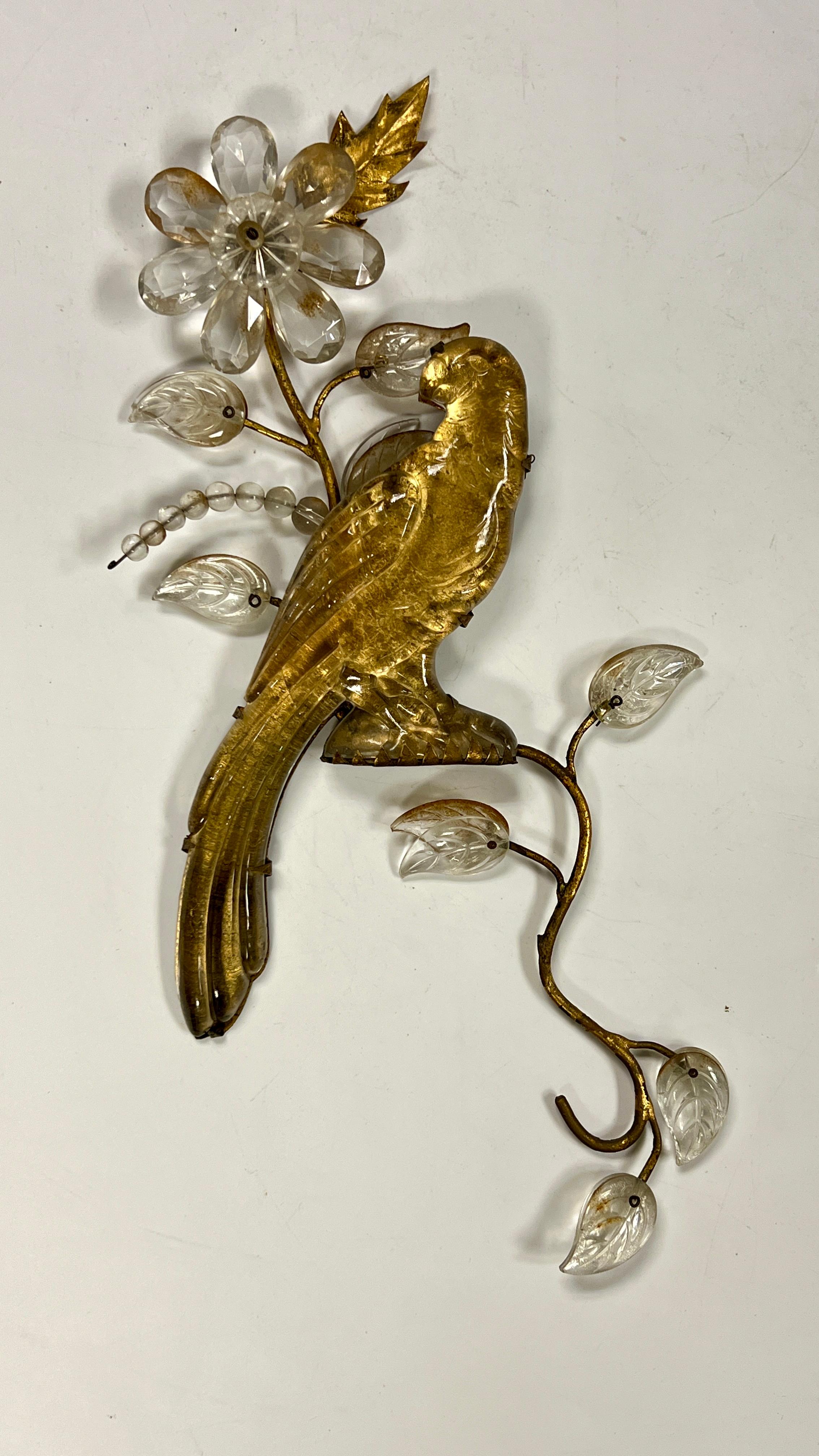 Belle Époque Pair French Gilt Metal Glass Parrot Wall Appliques Attributed to Maison Bagues