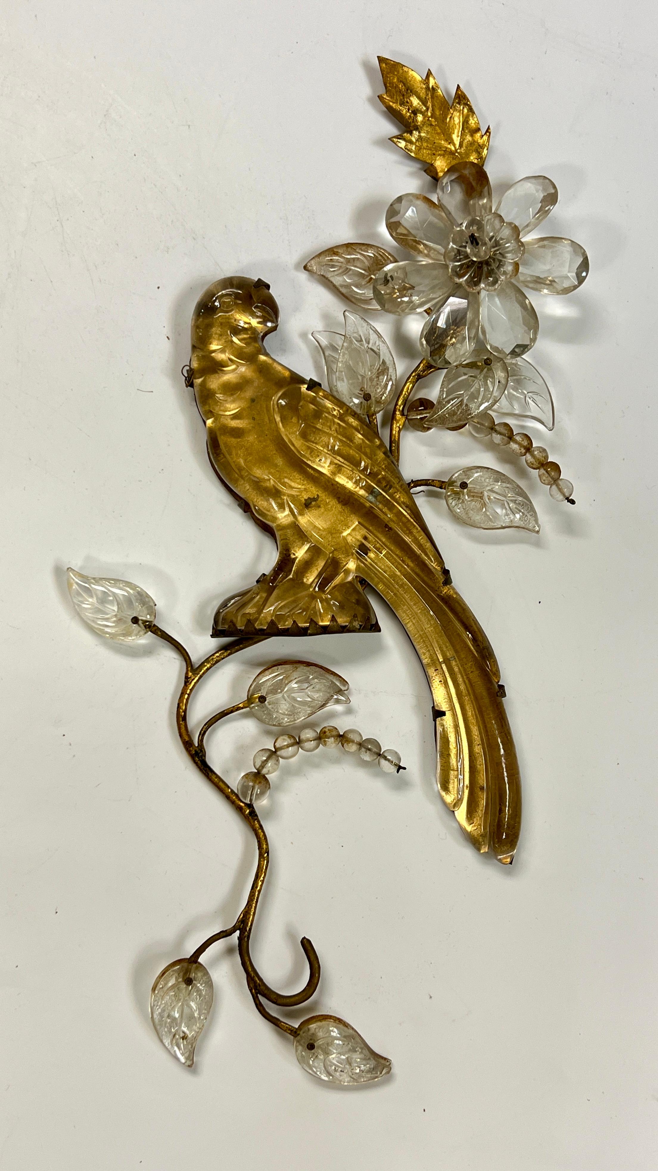 Pair French Gilt Metal Glass Parrot Wall Appliques Attributed to Maison Bagues In Good Condition In New York, NY