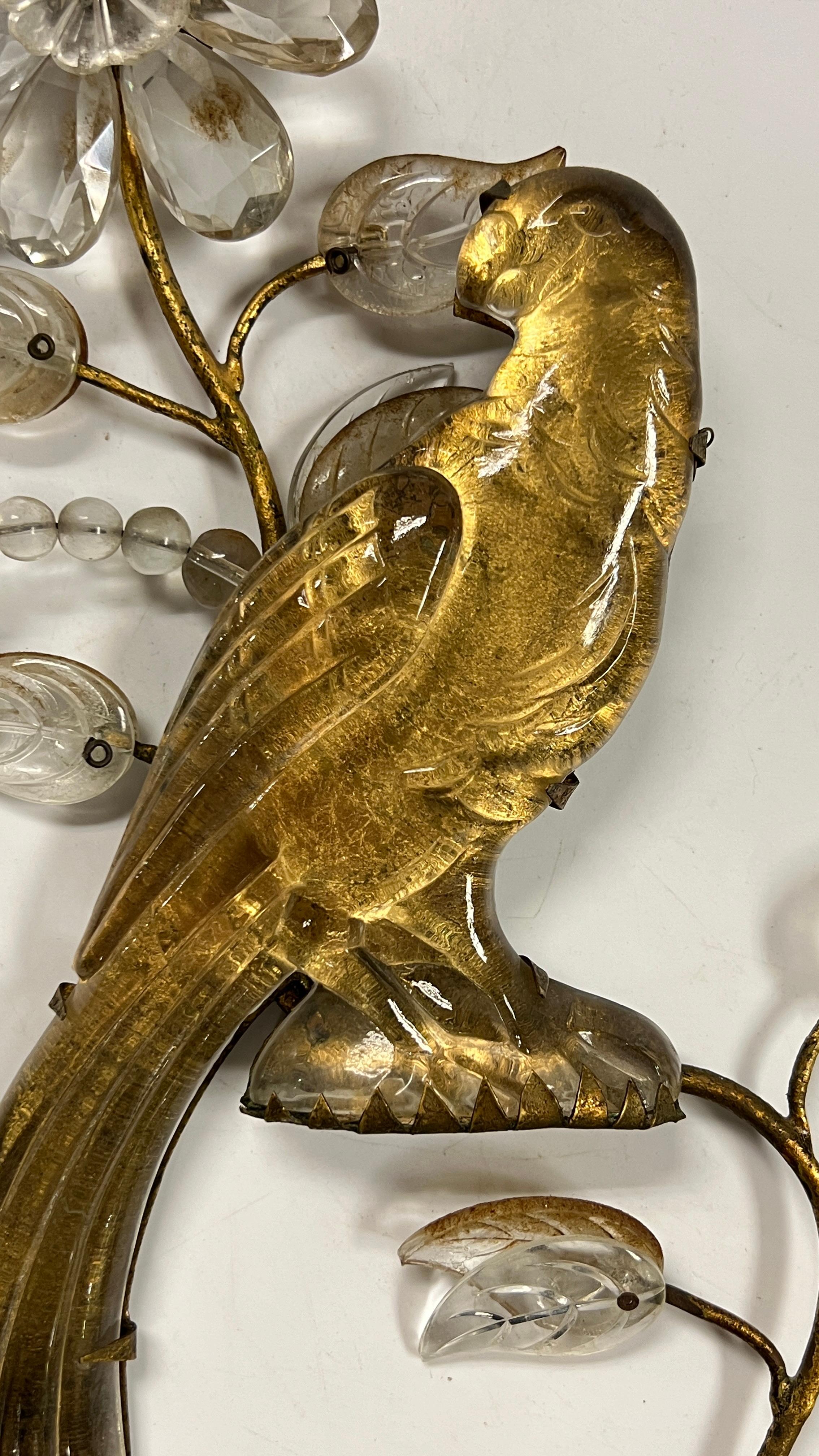 20th Century Pair French Gilt Metal Glass Parrot Wall Appliques Attributed to Maison Bagues
