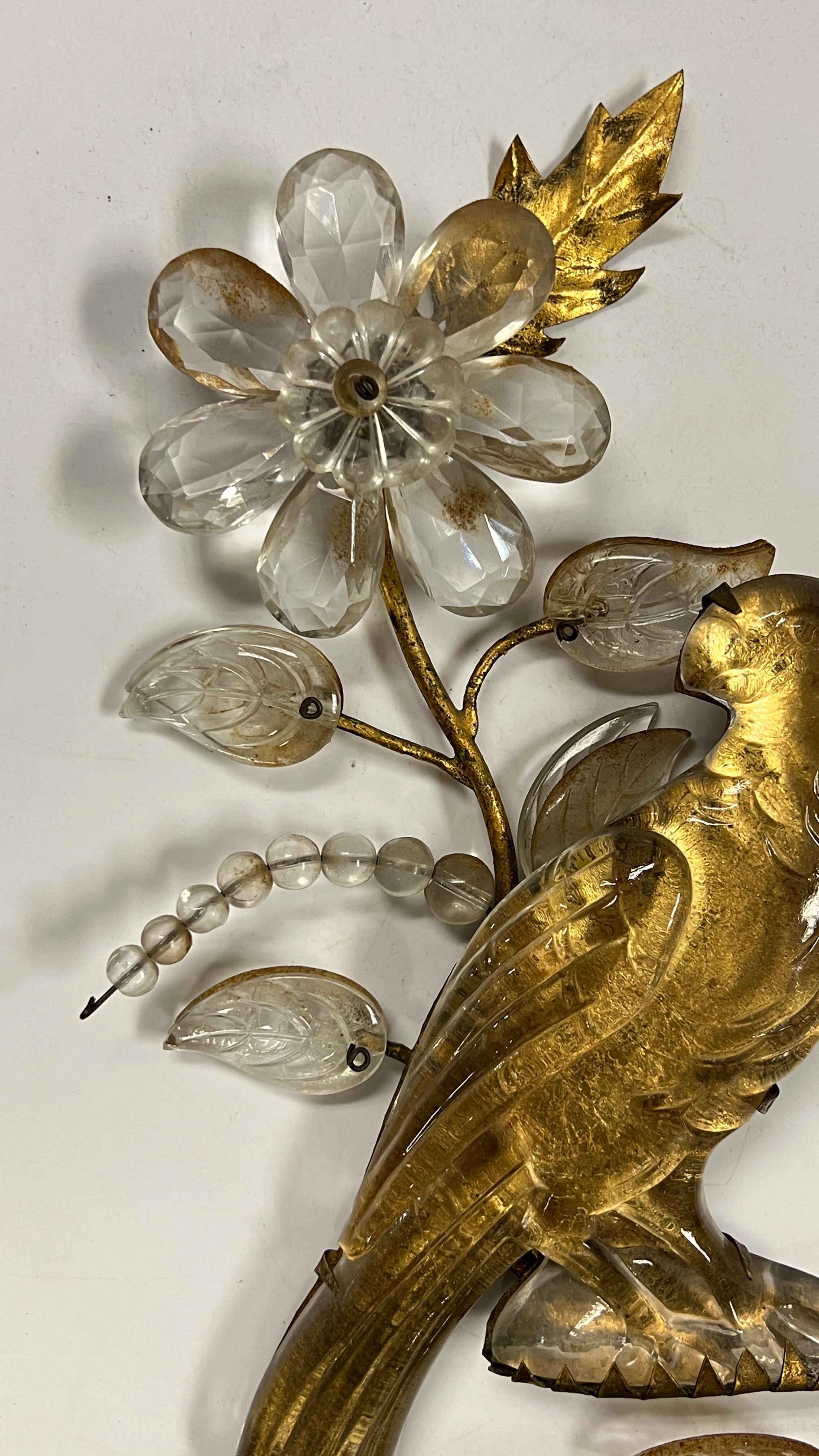 Pair French Gilt Metal Glass Parrot Wall Appliques Attributed to Maison Bagues 1