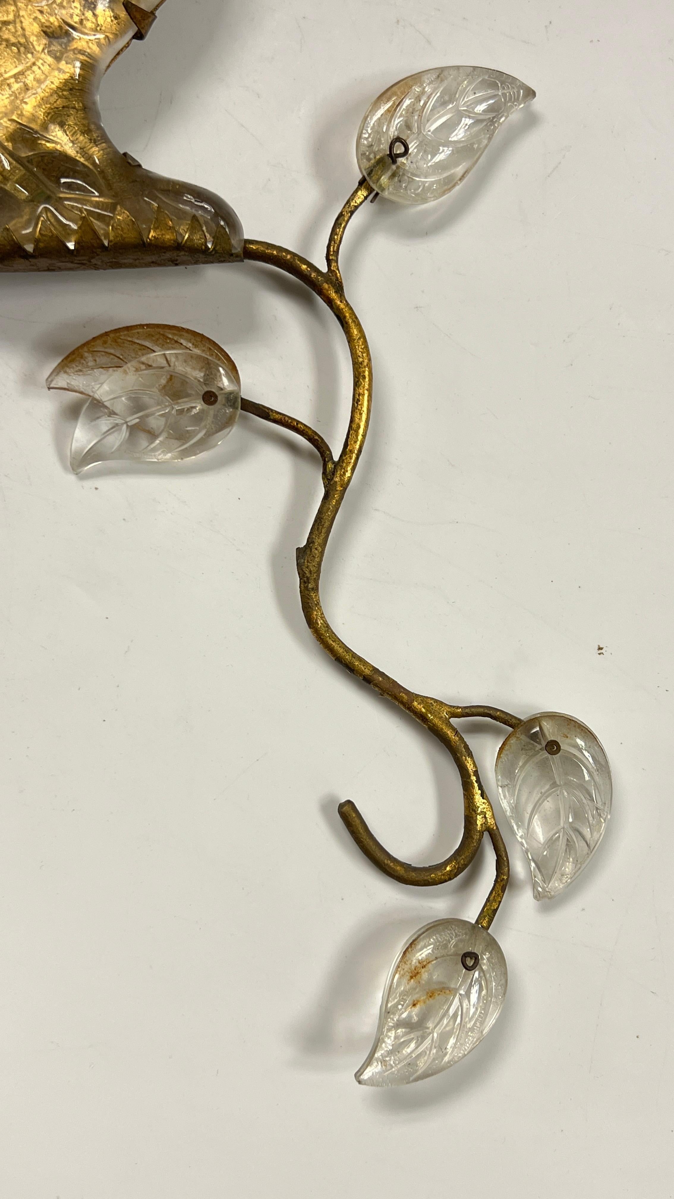 Pair French Gilt Metal Glass Parrot Wall Appliques Attributed to Maison Bagues 2